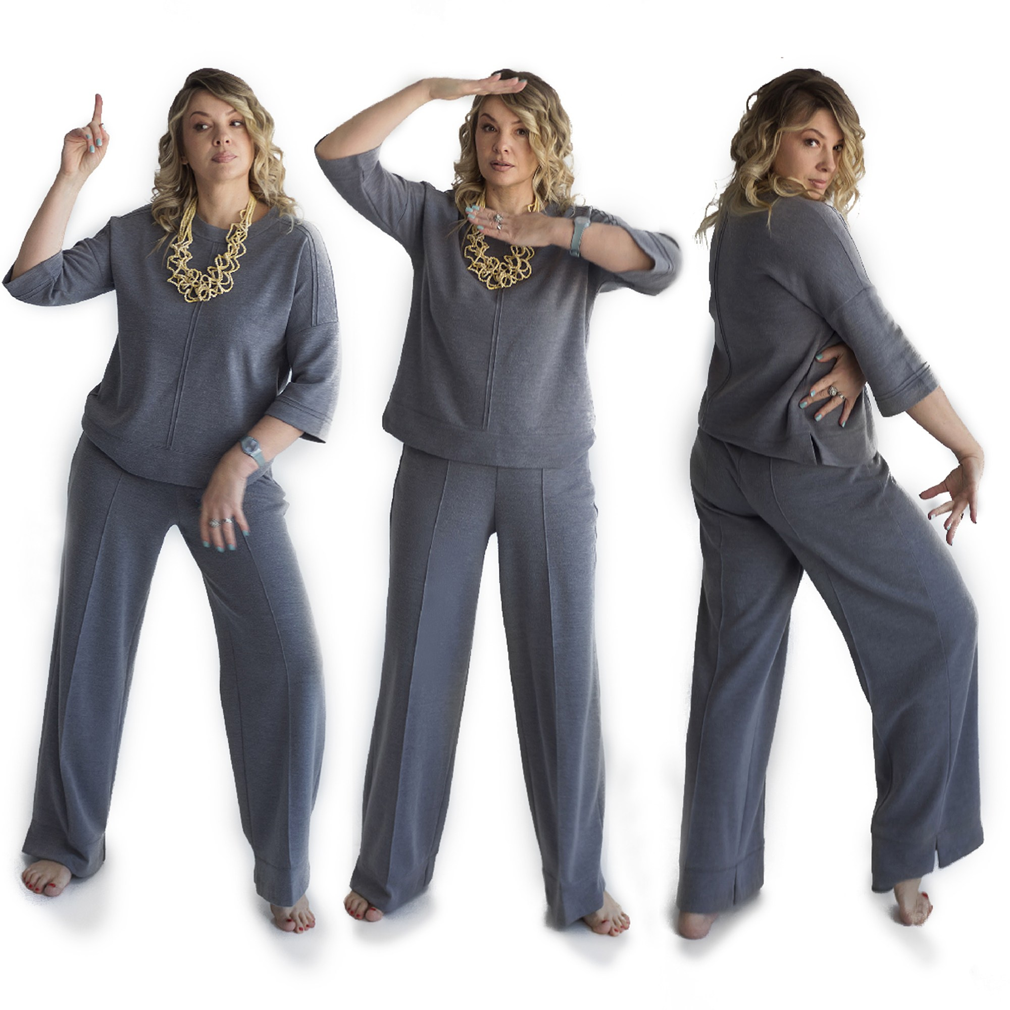 Коллаж на светлом фоне. Женщина в сером брючном костюме в полный рост. Контент фотограф в Хабаровске.