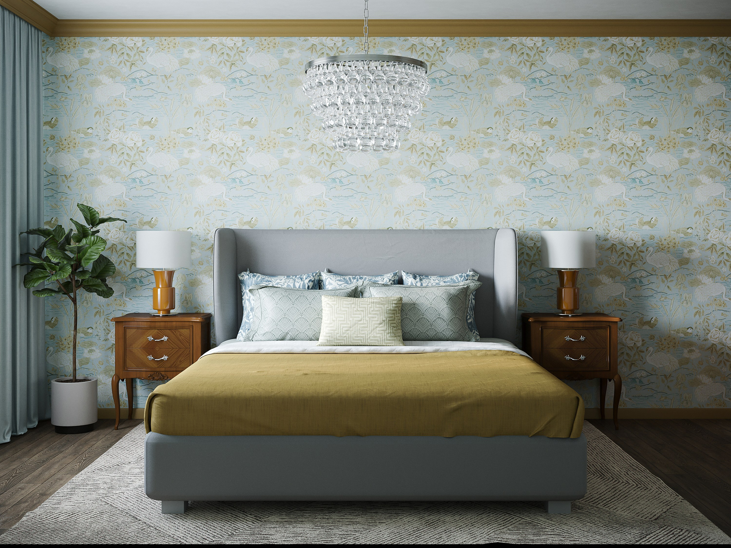 интерьер спальни в классическом стиле с современной кроватью, светло-голубые английские обои