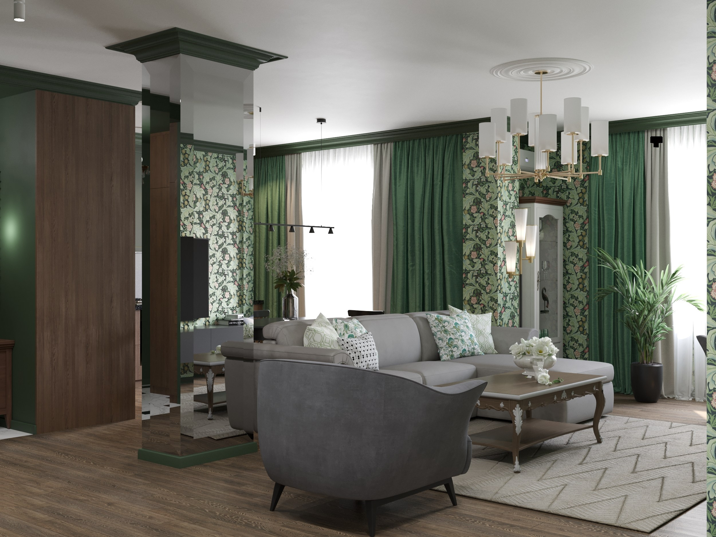 интерьер гостиной в классическом стиле м большим современным диваном, интерьер кухни в темно-зеленом цвете и с натуральным деревом 