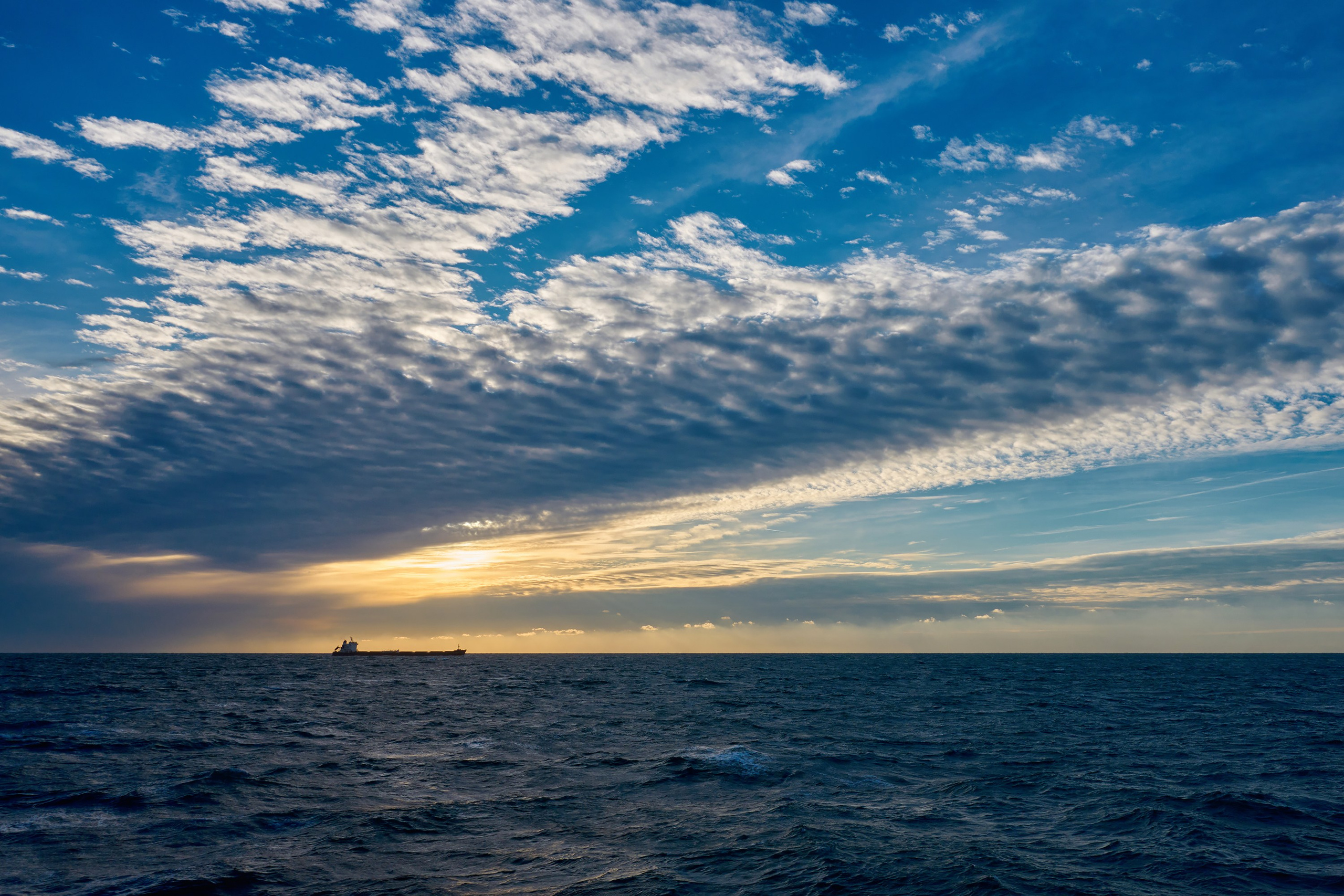 Закат, рассвет, облака, океан, море, судно