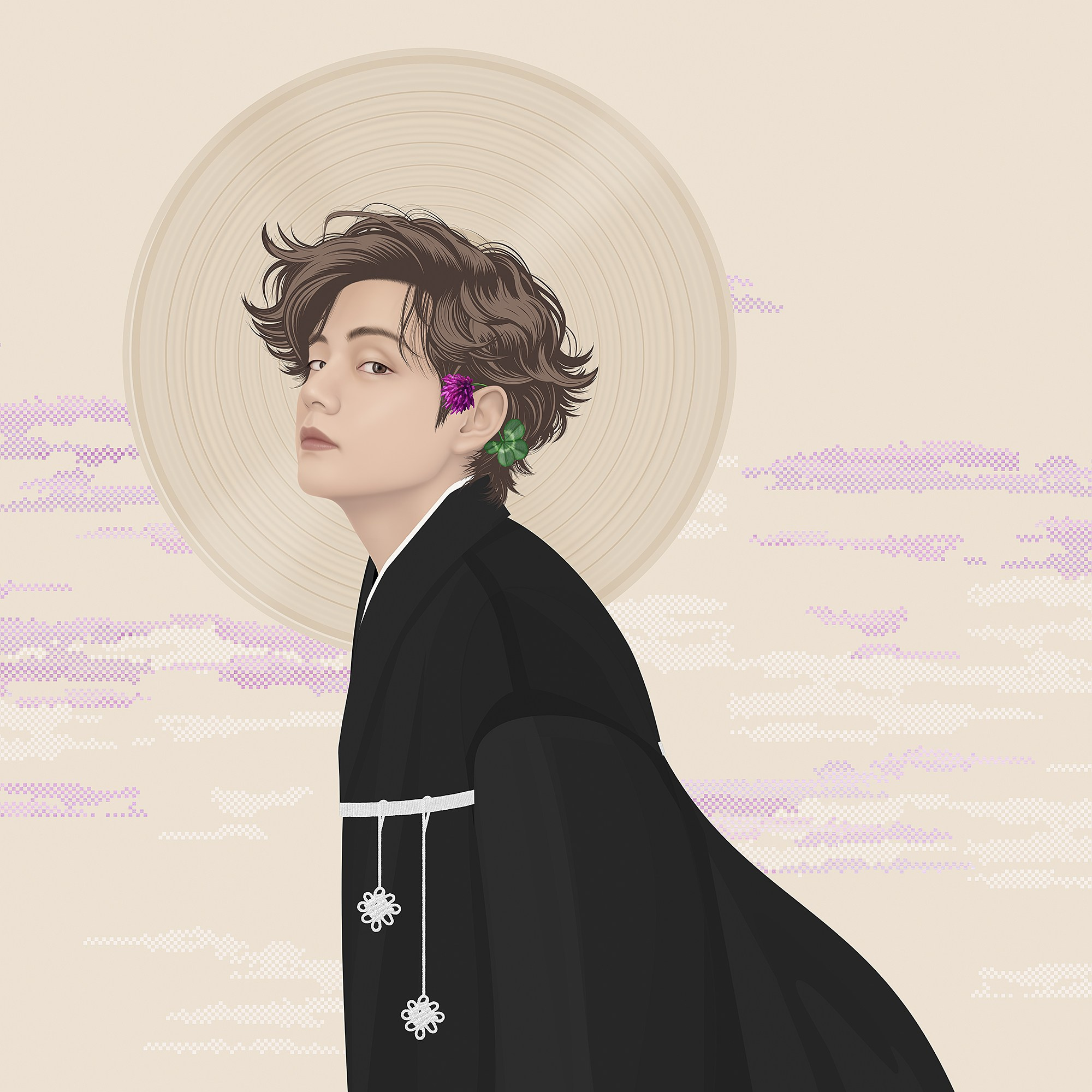 Kim Taehyung (Kim Taehyung) V in a black hanbok against a backdrop of pixelated clouds in Cloud Dancer shades and a vinyl record. Contemporary art.