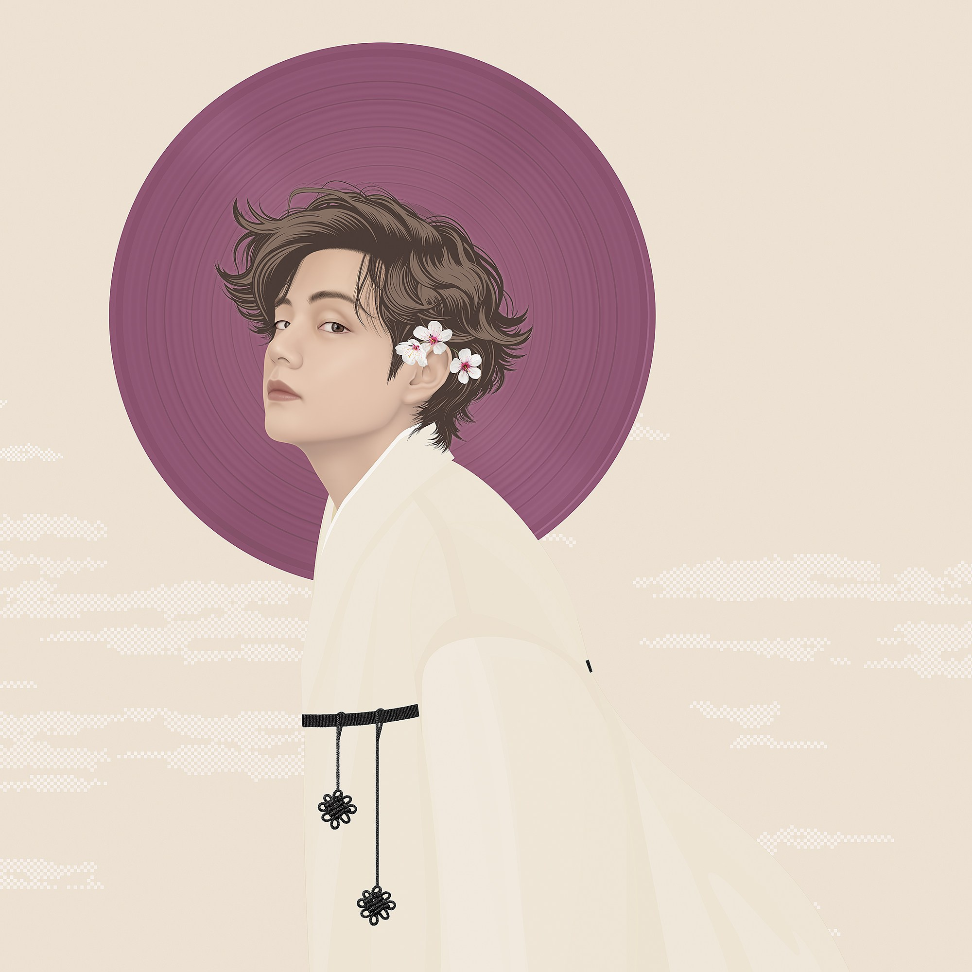 Kim Taehyung (Kim Taehyung) V in a light hanbok against a backdrop of pixelated clouds in Cloud Dancer shades and a vinyl record. Contemporary art.