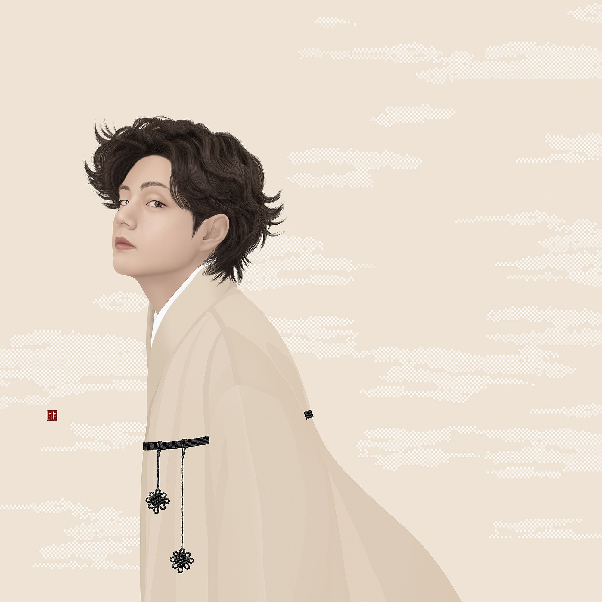 Kim Taehyung (Kim Taehyung) V in a light hanbok against a backdrop of pixelated clouds in Cloud Dancer shades. Minimalism. Contemporary art. 