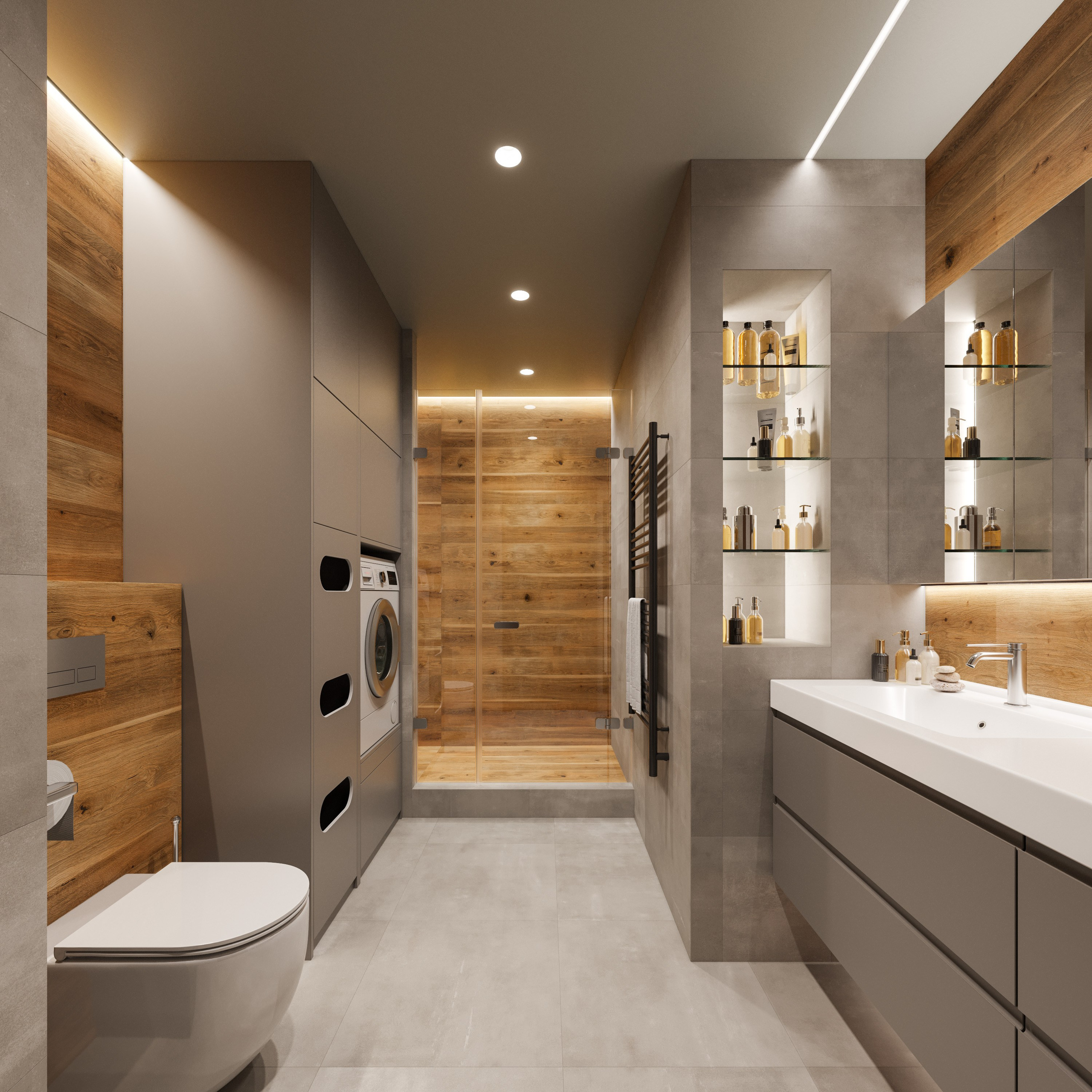 3D визуализация ремонта совмещенного санузла с душевой кабиной и стиральной машиной.