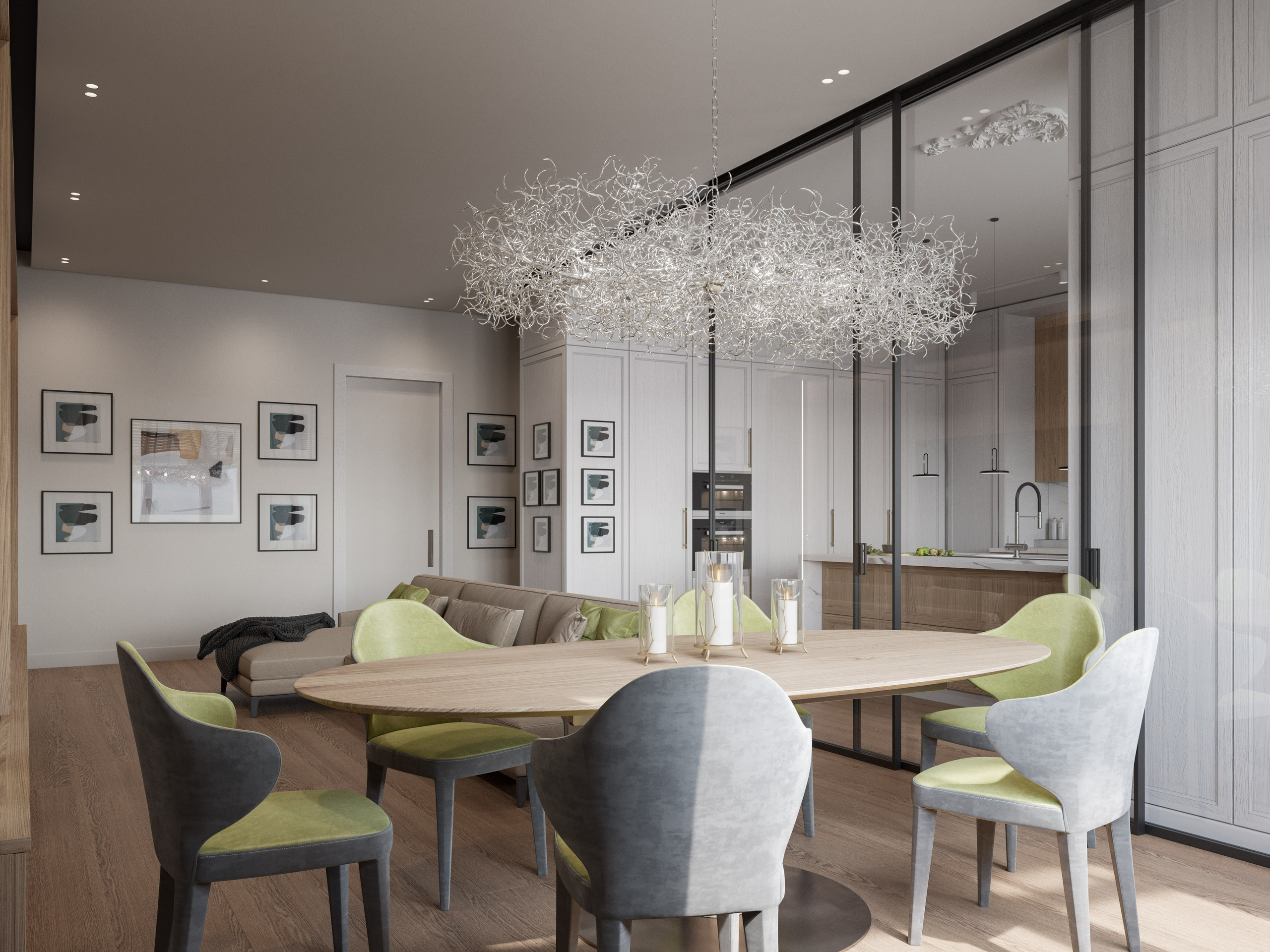 Столовая зона с деревянным столом и современными стульями - 3D визуализация