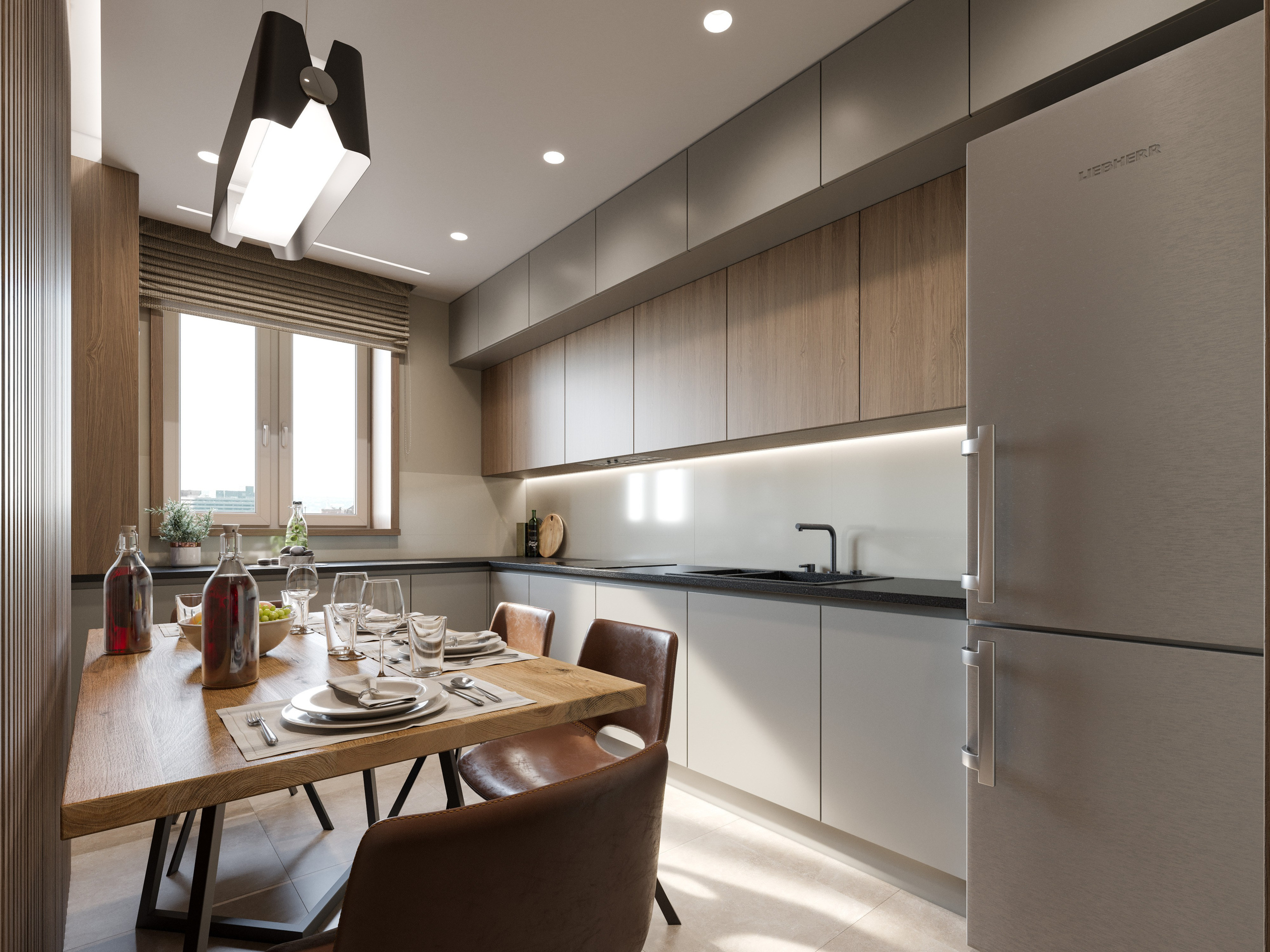 Современная кухня в небольшой квартире — фотореалистичная 3D визуализация с акцентом на свет и фактуры