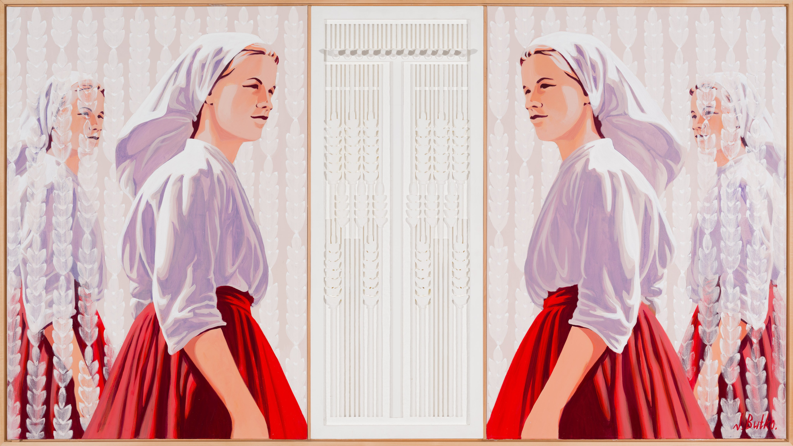 «Сон, в котором я забыл их лица, но помнил зубцы» - художник Наталия Бутко (холст, акрил, масло, пластик, дерево, 103x184 см, 2025)