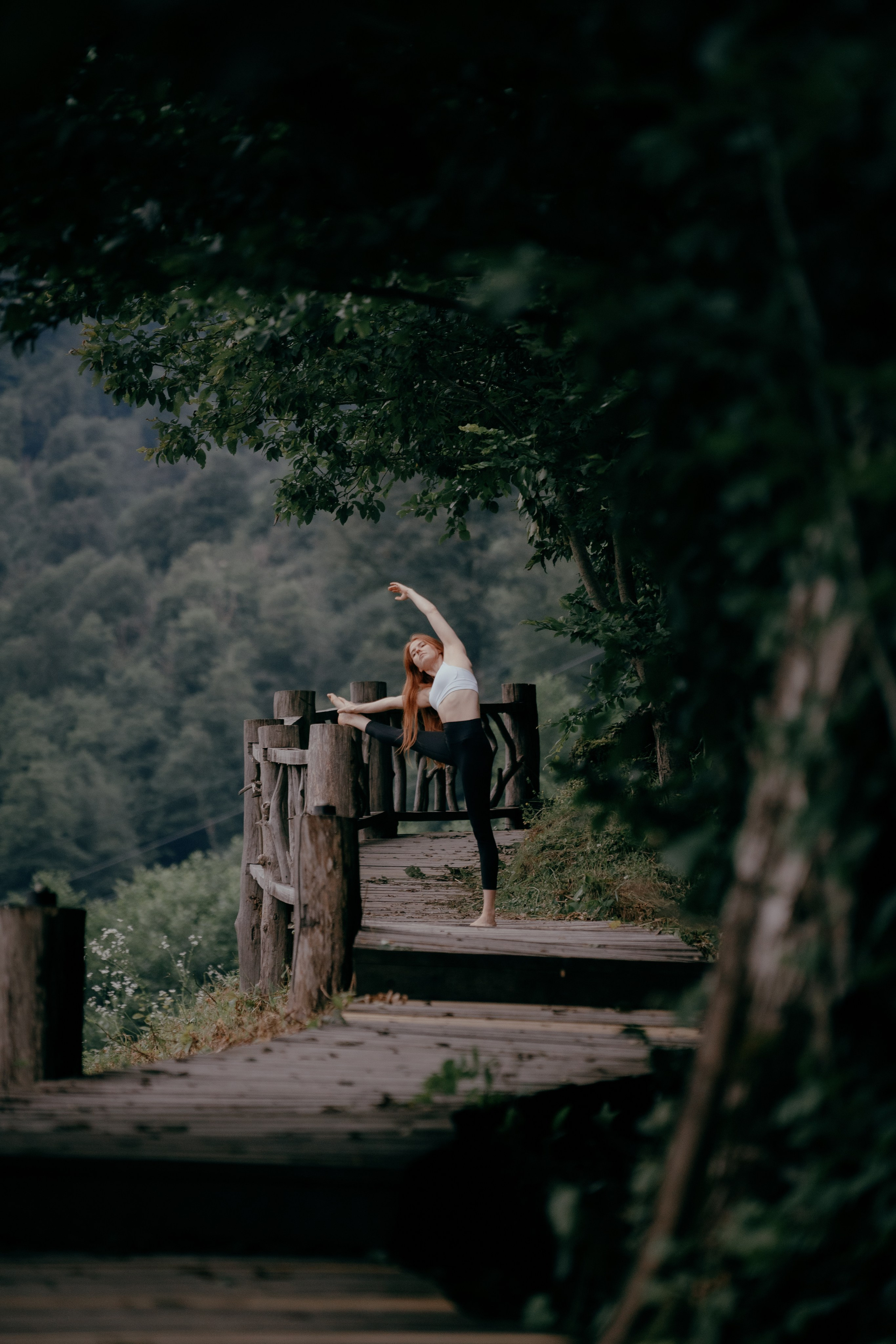 Фотоснимок тянущей девушки вокруг леса