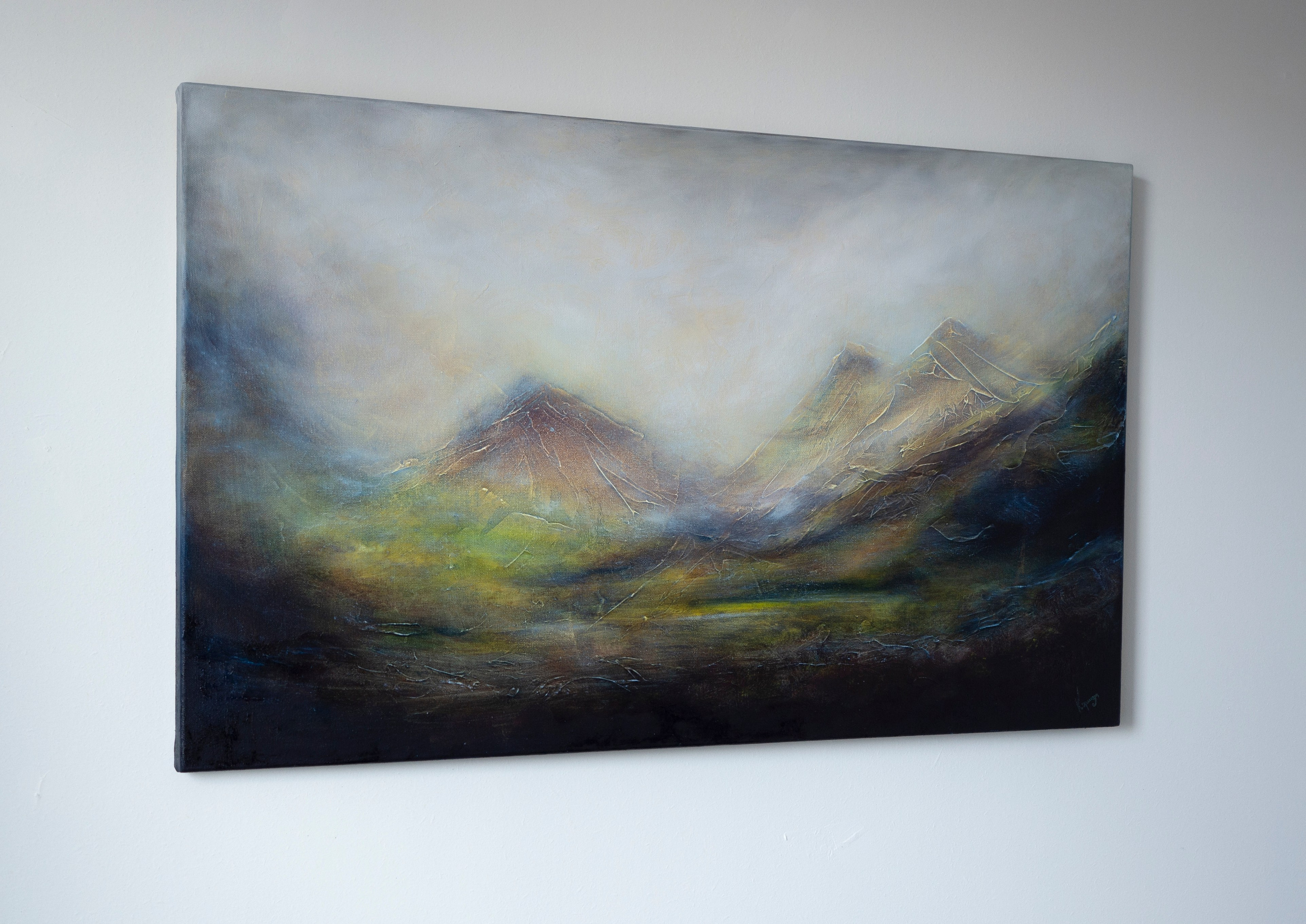 Oil painting depicting the Scottish highlands with misty foreground. Pavel Korshun — Contemporary painter. Original abstract painting