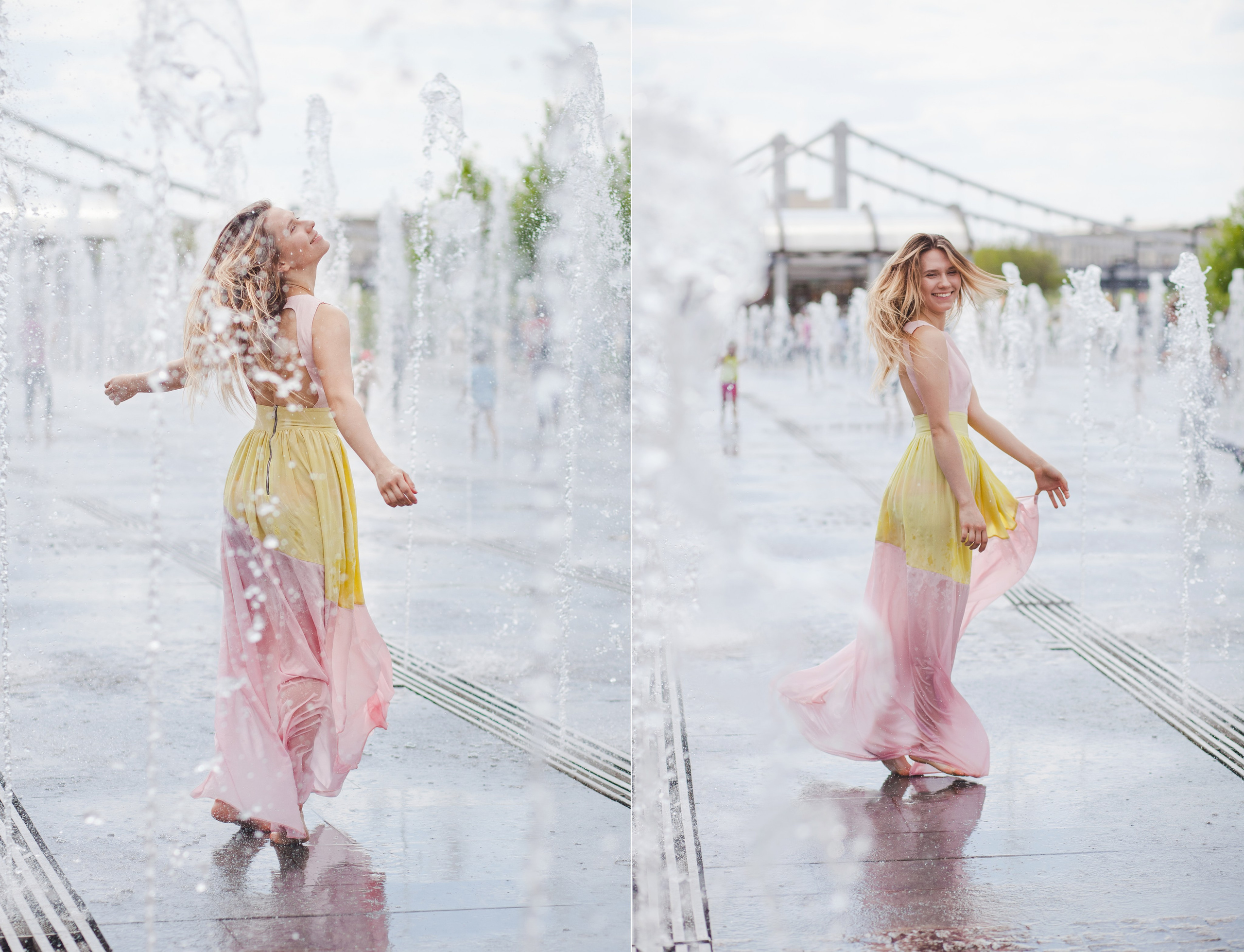 Девушка в розовом платье радуется струям воды бьющим из фонтана