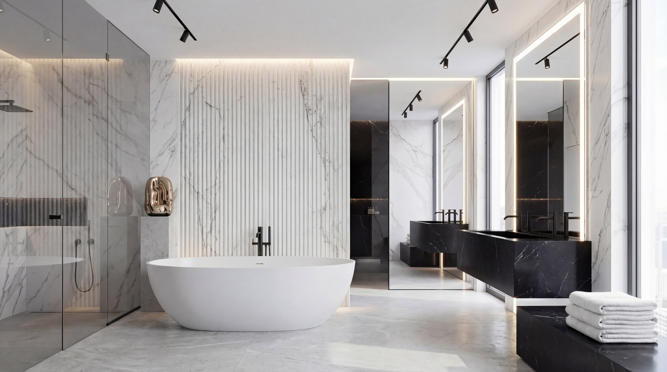 Дизайн мастер-ванной в квартире 113 м² от Валерии Котович: отдельно стоящая белая ванна, черные мраморные раковины, отделка стен мрамором и зеркала с подсветкой в стиле quiet luxury.