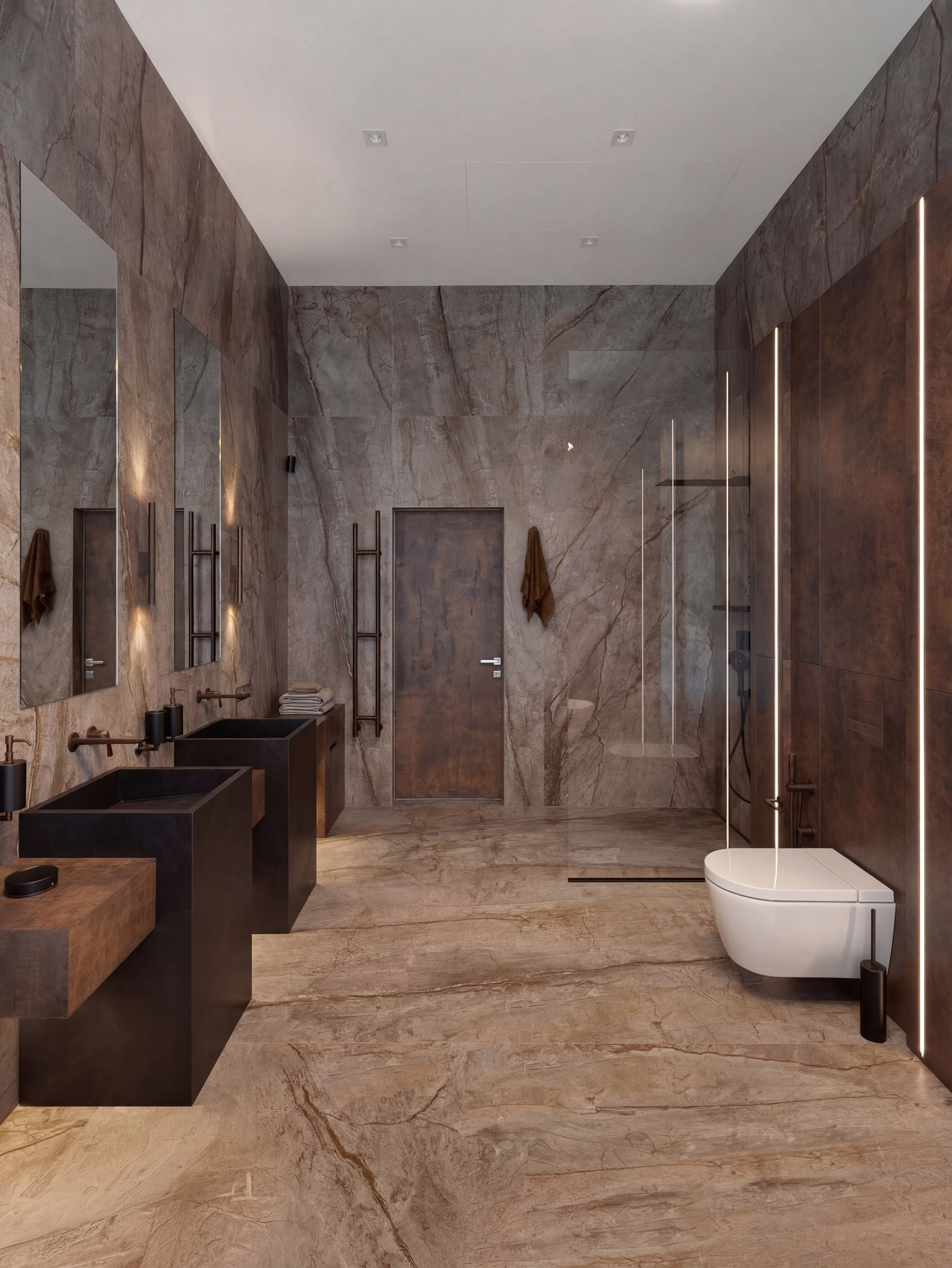 Интерьер мастер-ванной от Валерии Котович: стены и пол из натурального камня, две черные напольные раковины, встроенная подсветка-линии и минималистичный дизайн в доме у воды.