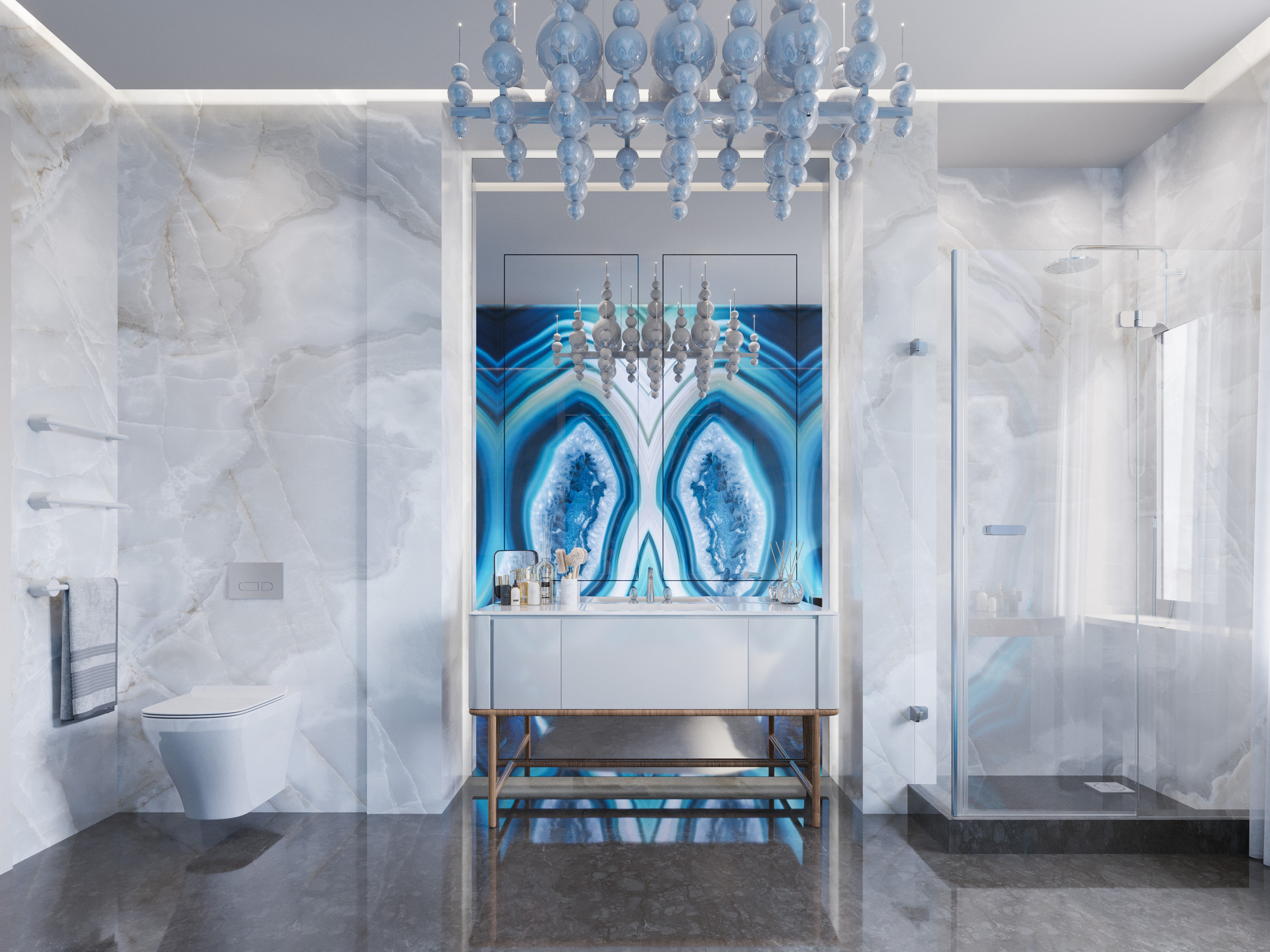 Мастер-санузел премиум-класса: душевая зона с тропическим душем и отдельно стоящая ванна