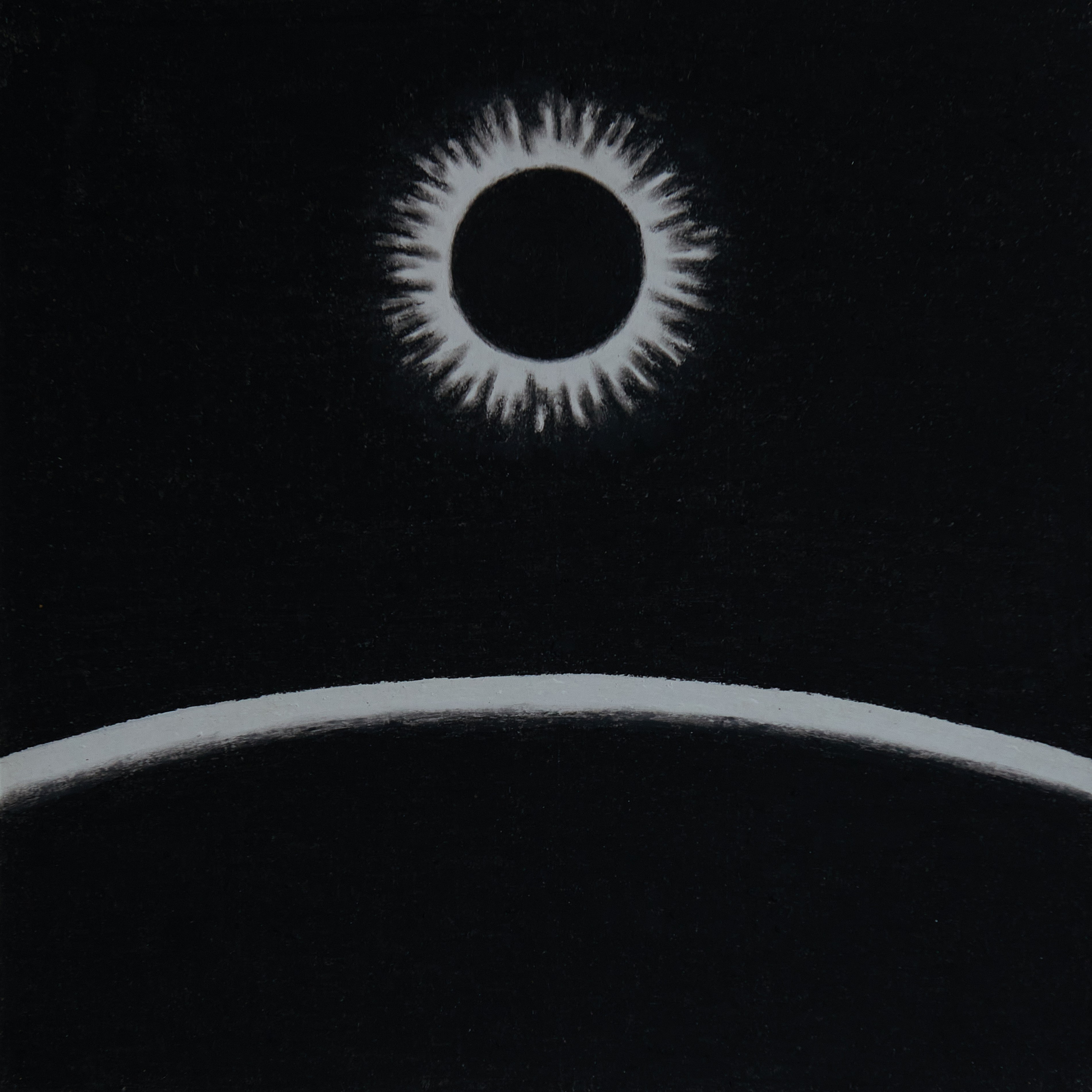 Чёрное Солнце. Чёрный безжизненный космос над отполированной плоскостью планеты, поглащающей свет живого чёрного светила.Но внутренняя чернота звезды - не воронка поглащения и не излучение смертоносной энергии, - она путь гиперпространственного преодоления в иное, в истинно насущное и безвозвратное. Год создания: 1998г.