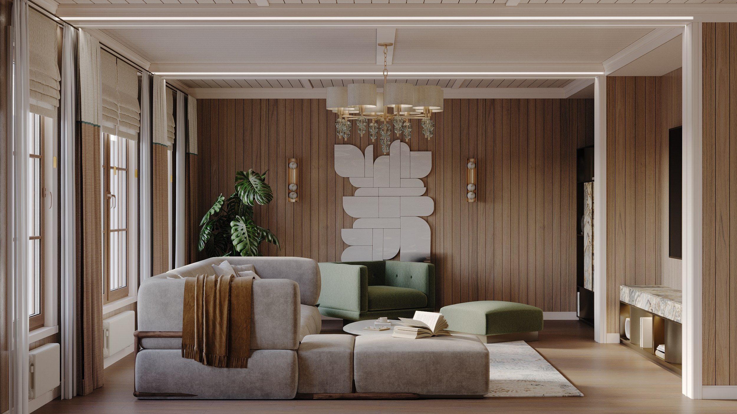 Кухня гостиная в частном доме. Клиент Elena Zorina design studio. Евгений Пырков — 3d визуализатор интерьеров и экстерьеров России