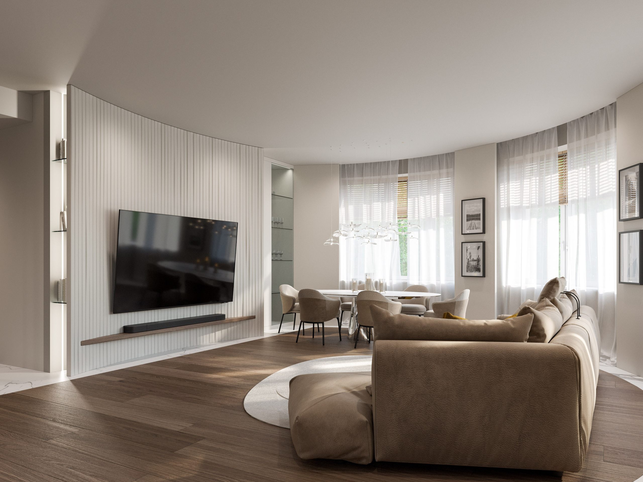 Гостиная с изогнутым диваном и стеной за телевизором - 3D визуализация