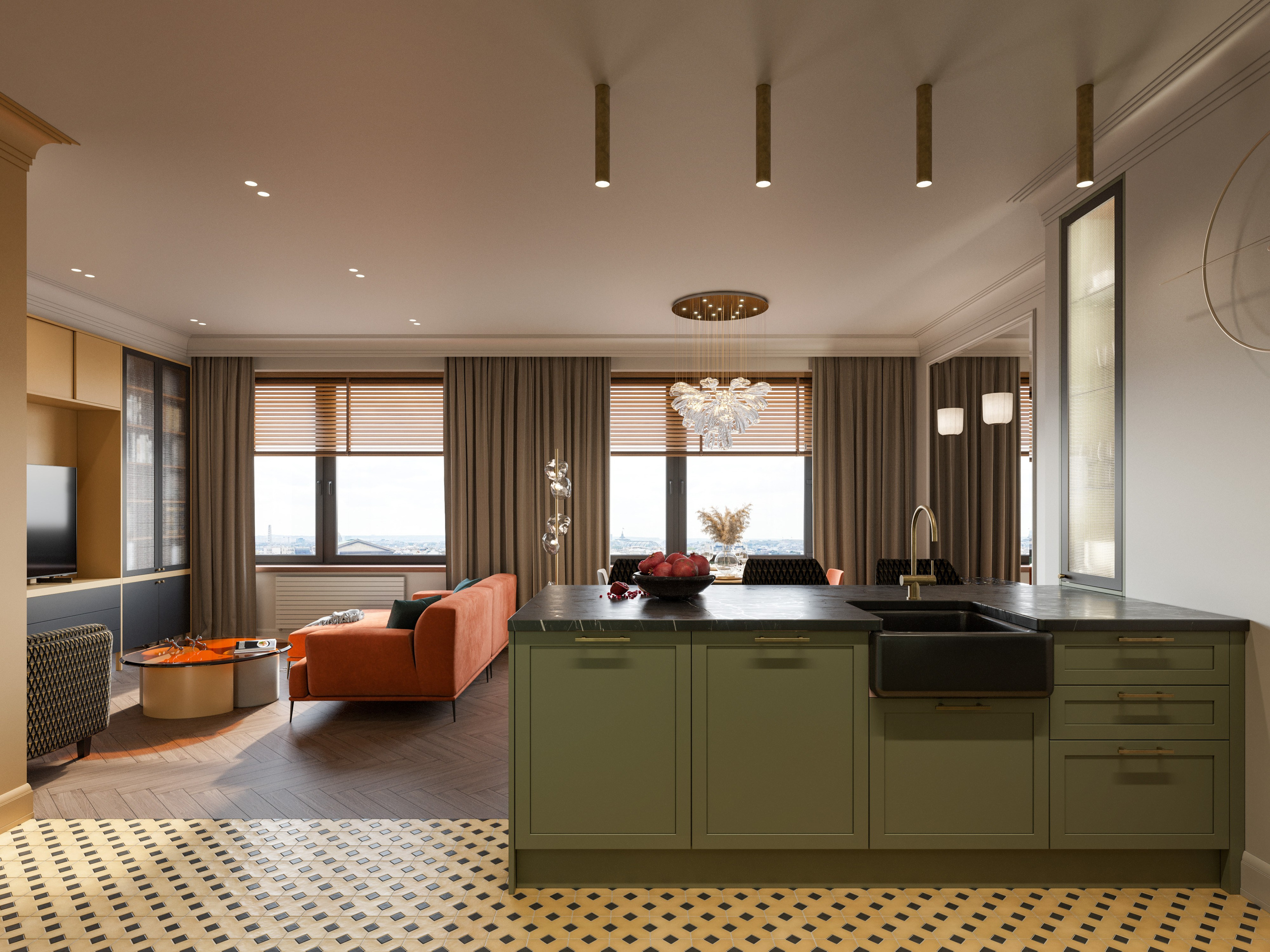 Яркая кухня-гостиная с цветными акцентами: синий, желтый и зеленый в отделке