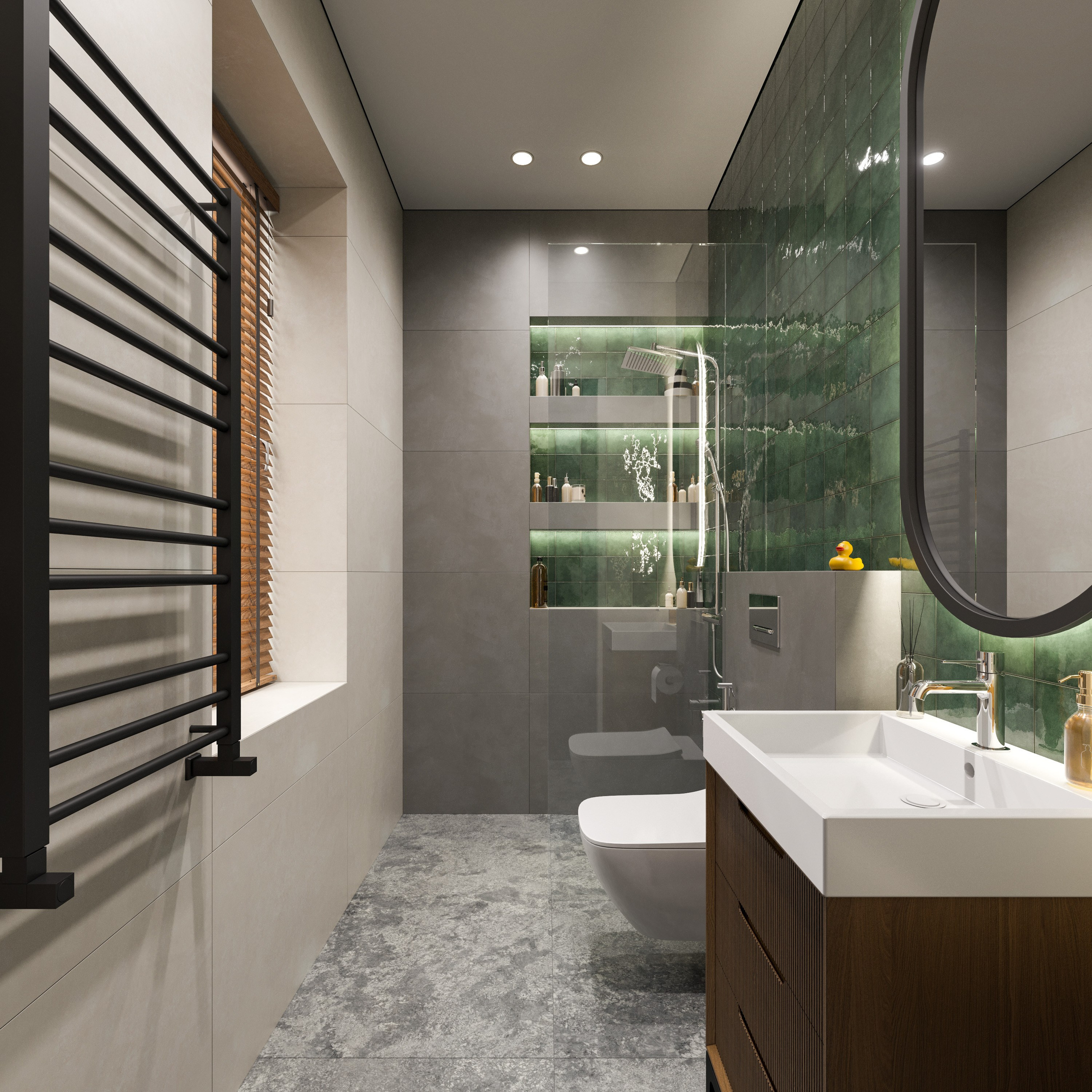 Санузел с окном и скрытым освещением в стиле минимализм