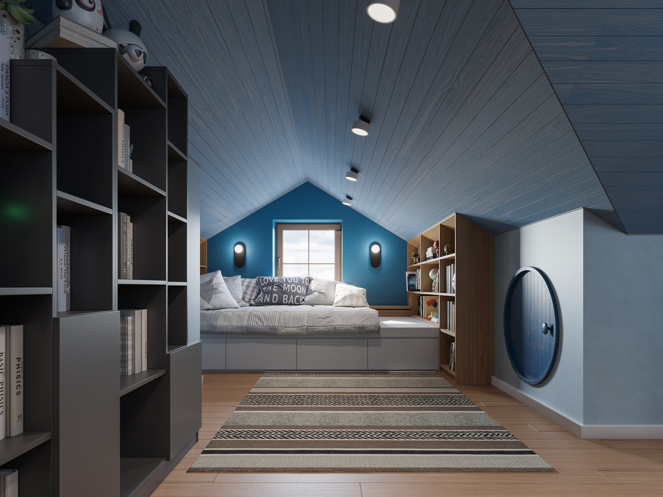 Детская комната мальчика с кроватью на уровне окна в загородном доме