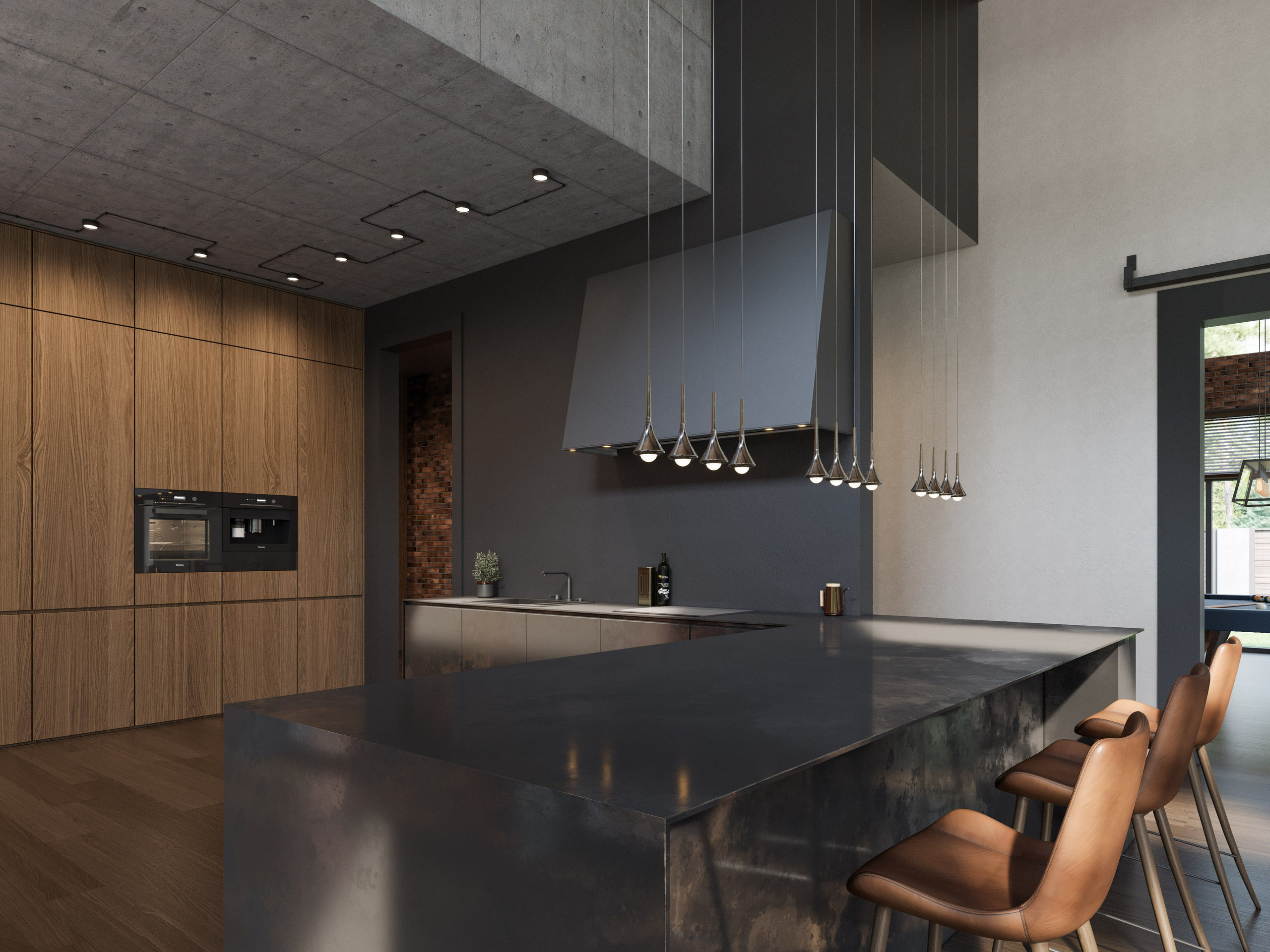 Минималистичная кухня в встроенной техникой и открытой проводкой