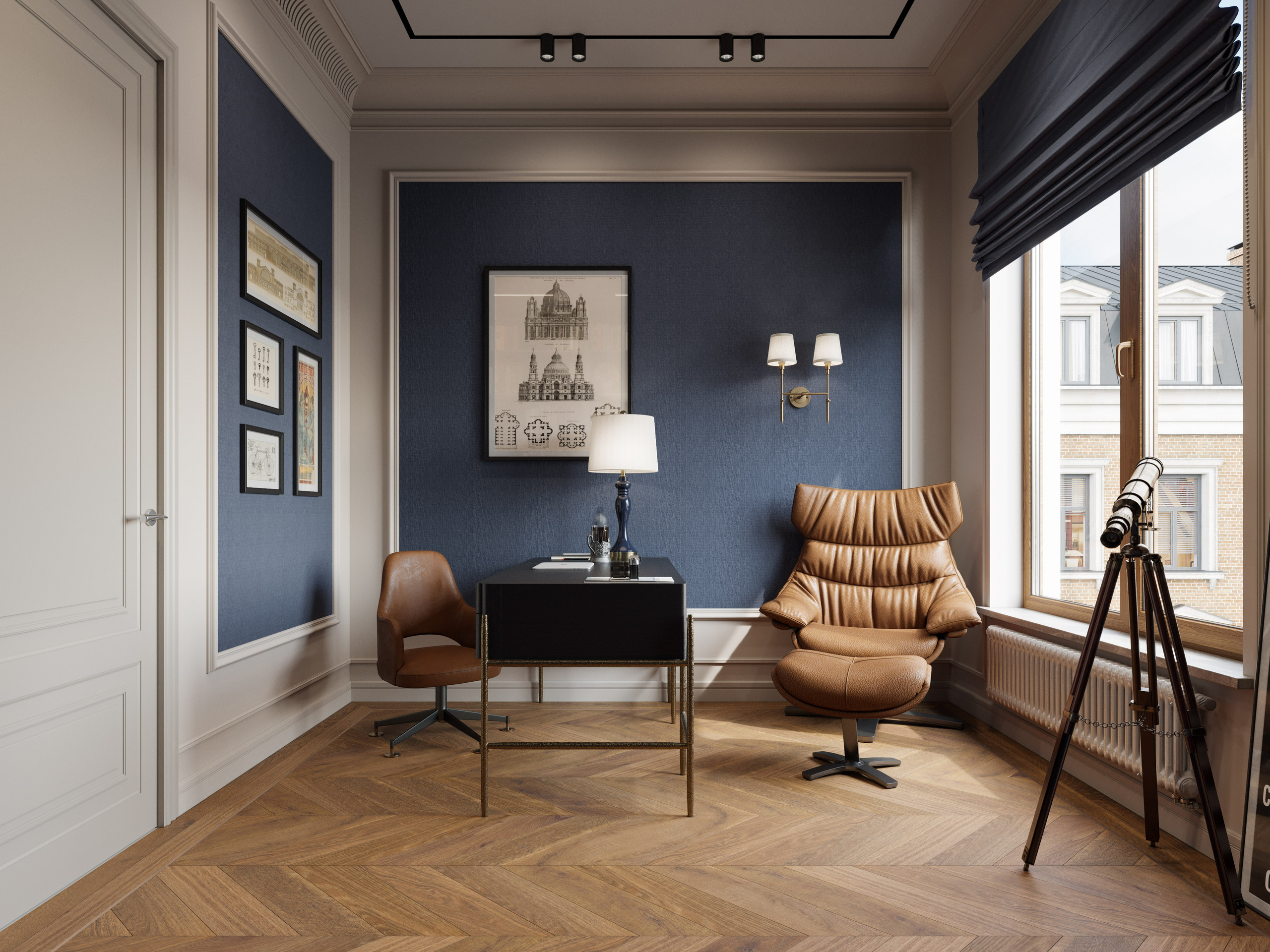 Уголок для работы с панорамным окном и лепным карнизом в кабинете