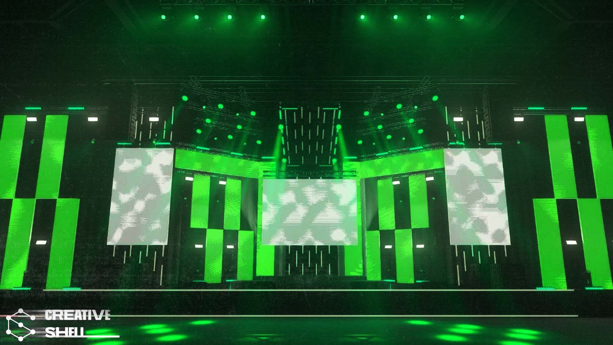 3D visualization of the MICE with integrated equipment: lighting devices, screens, stages, and decorations, showing the final design of stages and decorations.