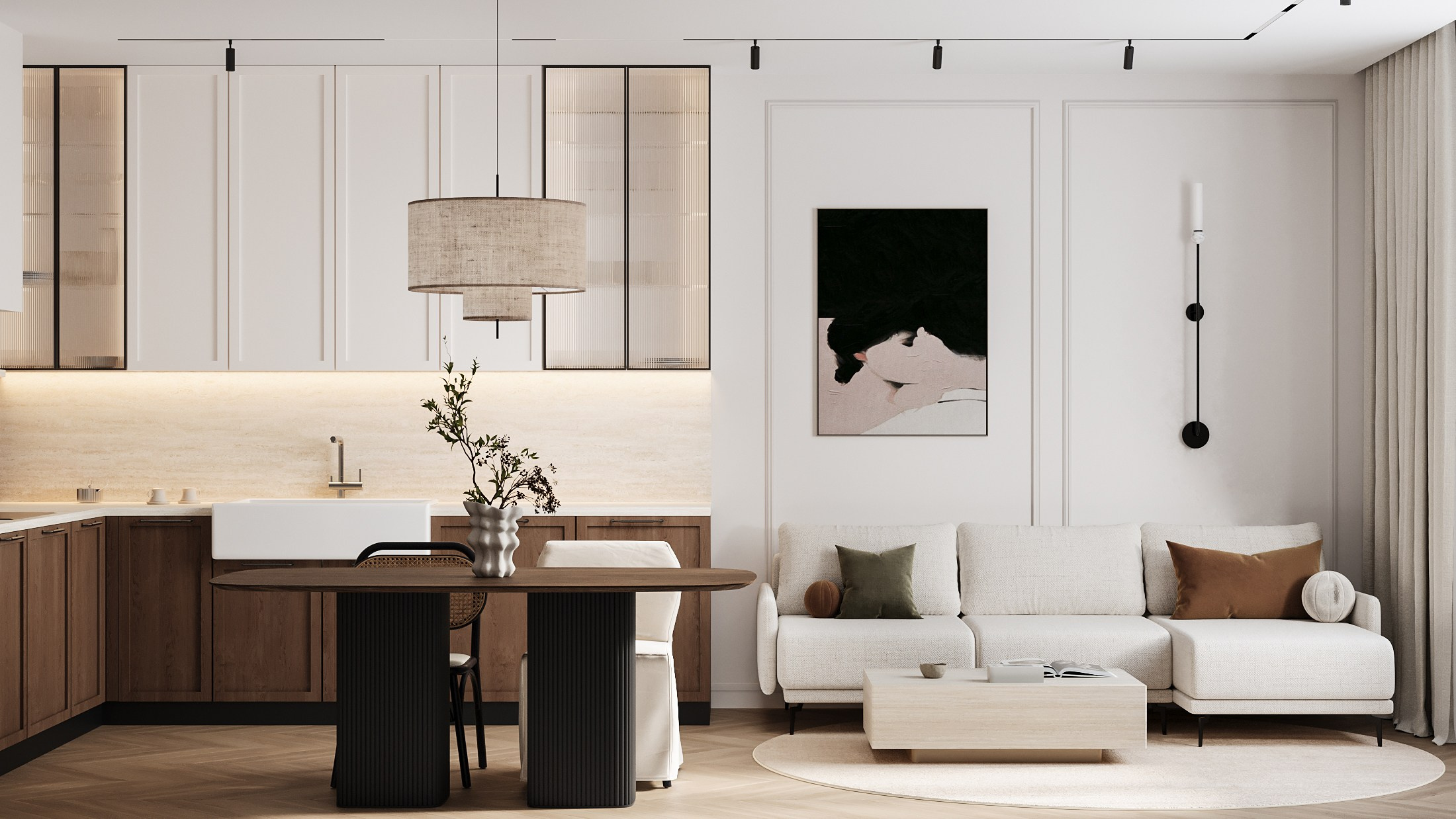 3д визуализация кухни-гостиной в интерьере квартиры в современном классическом стиле 