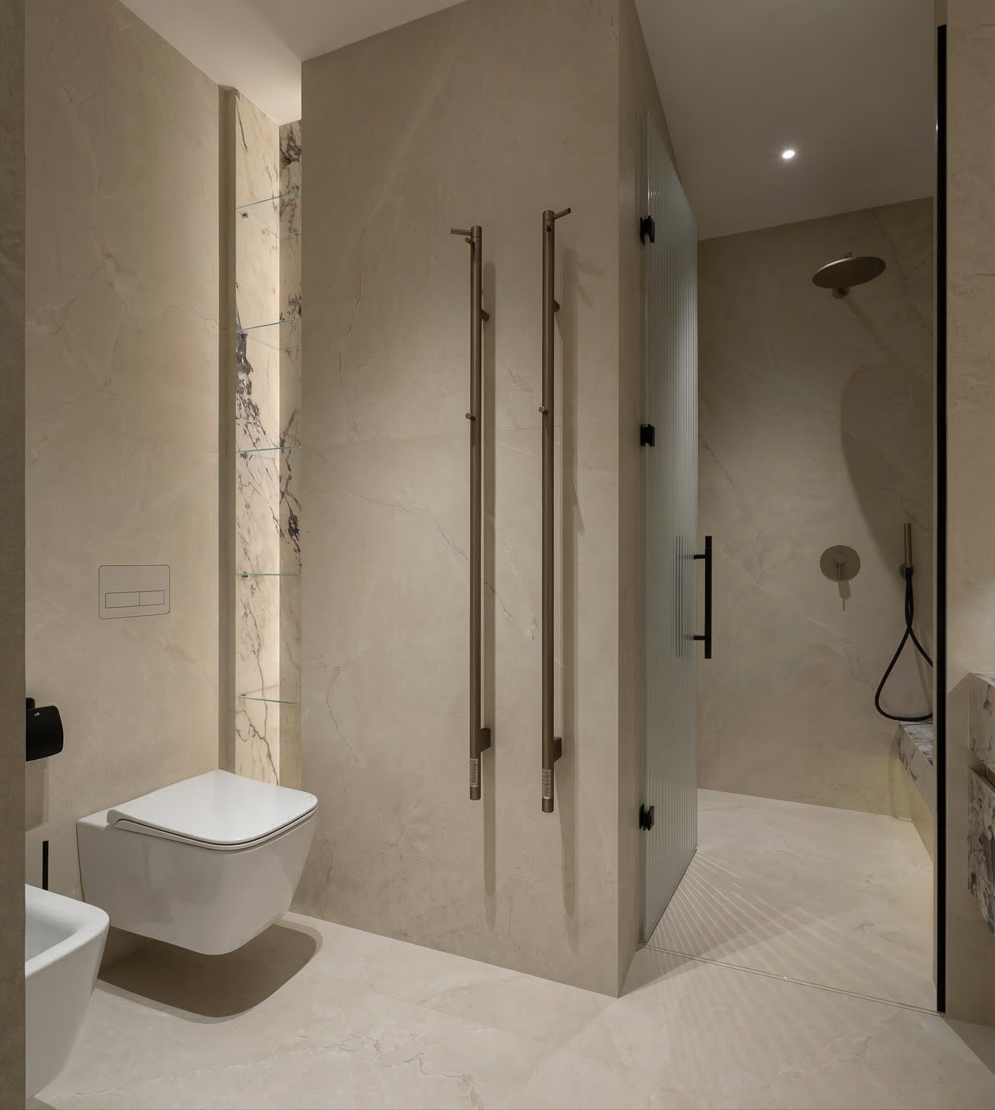 Интерьер санузла в ЖК ONYX Deluxe: подвесной унитаз, душевая кабина с рифленым стеклом, высокие вертикальные полотенцесушители и отделка плиткой под камень. Дизайн Валерии Котович.