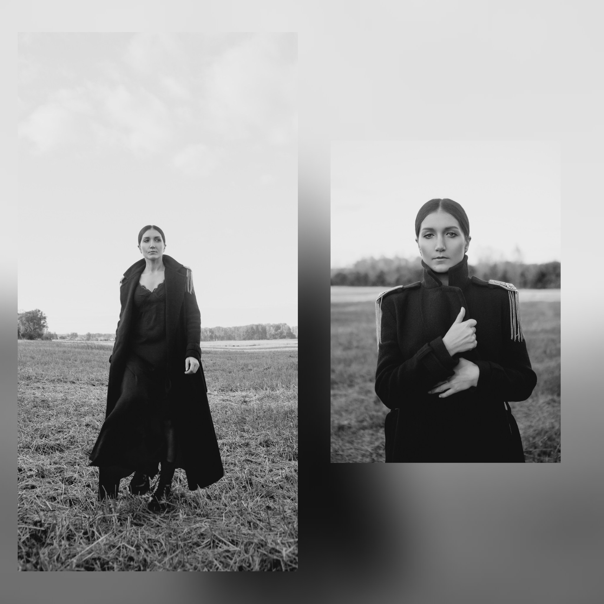 девушка в пальто идёт по полю в пальто