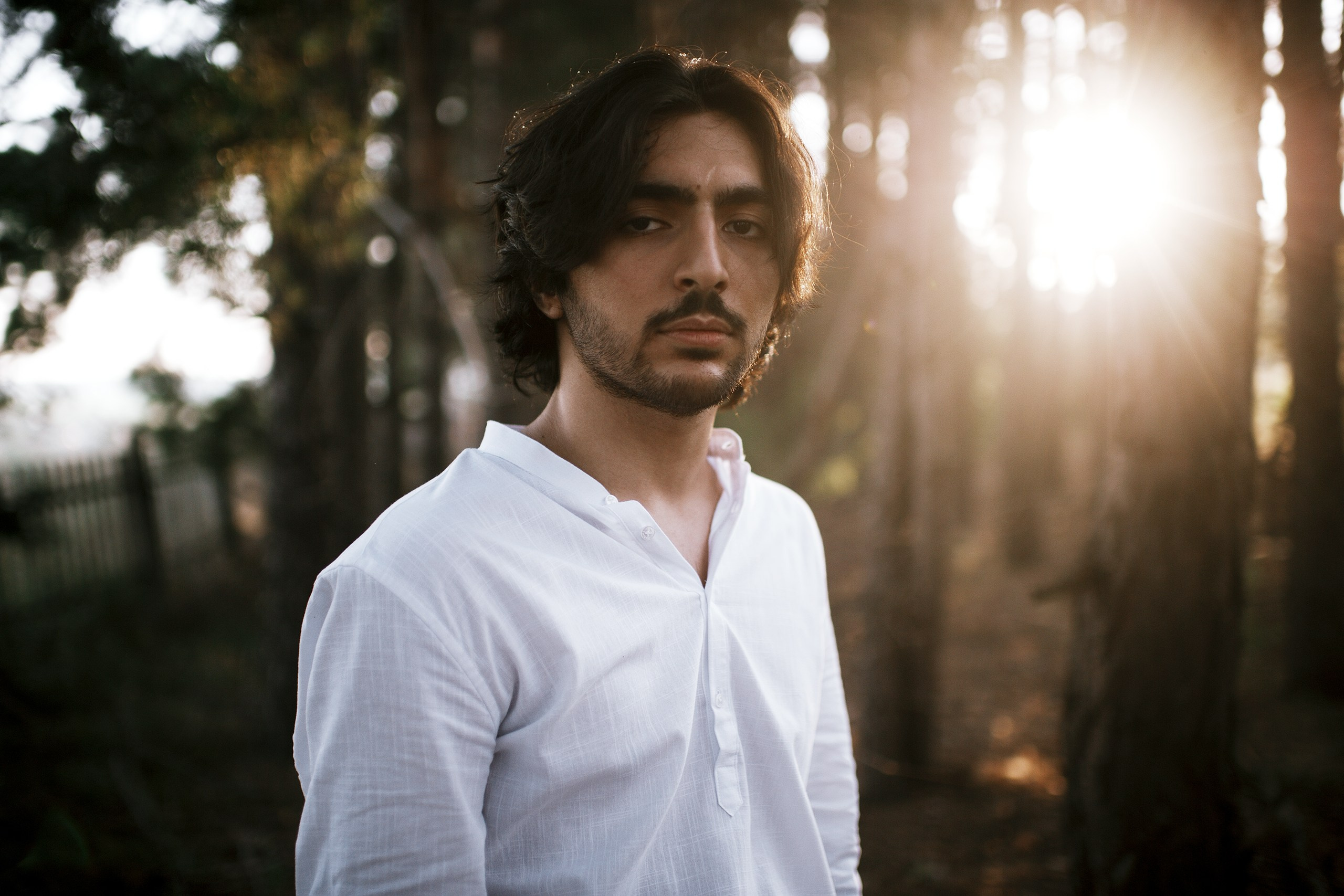 Портрет брюнета в хвойной лесопосадке на фоне солнечного света и забора