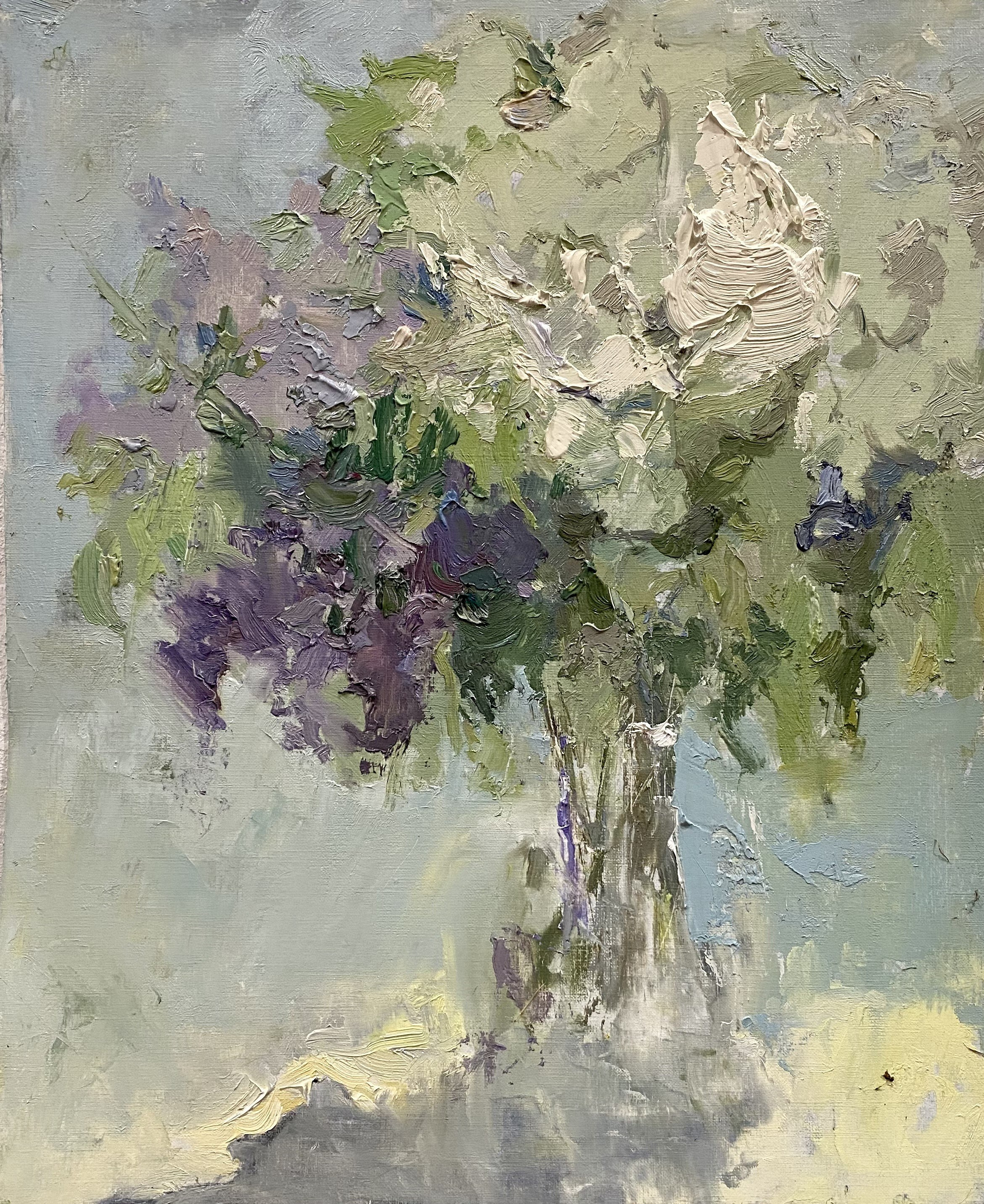 "Сиреневое настроение" 38х45 см. Бумага/масло. 2022. Продано. Сирень, цветы, масло, живопись, светлый, нежный, зеленый