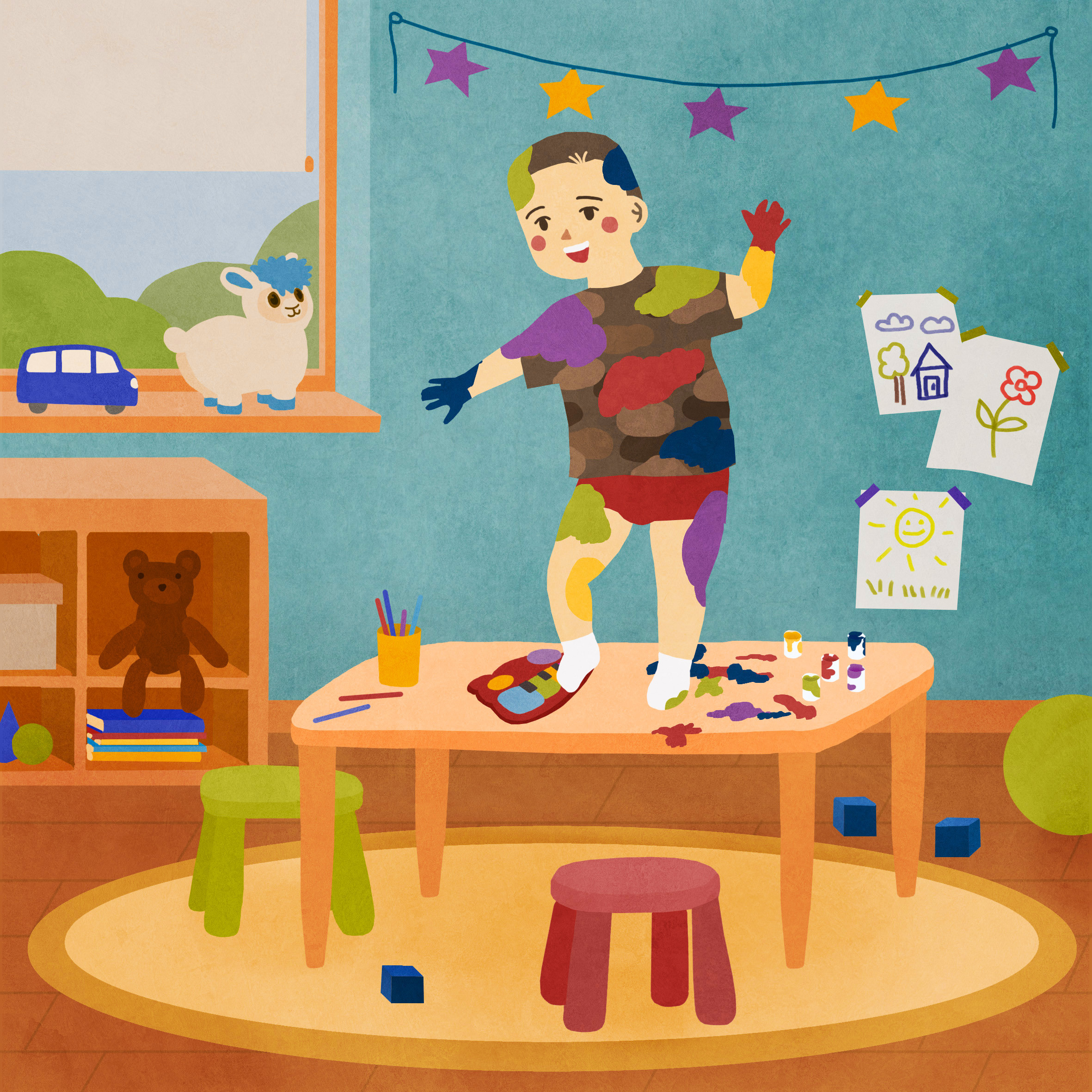 Яркий и веселый портрет ребенка, испачканного красками. Мальчик стоит на столе в детской комнате, полной игрушек, что передает атмосферу творческого беспорядка. Идеальный подарок для родителей, бабушек и дедушек. Заказать цифровой портрет ребенка по фото, семейный арт, иллюстрацию для детской комнаты.