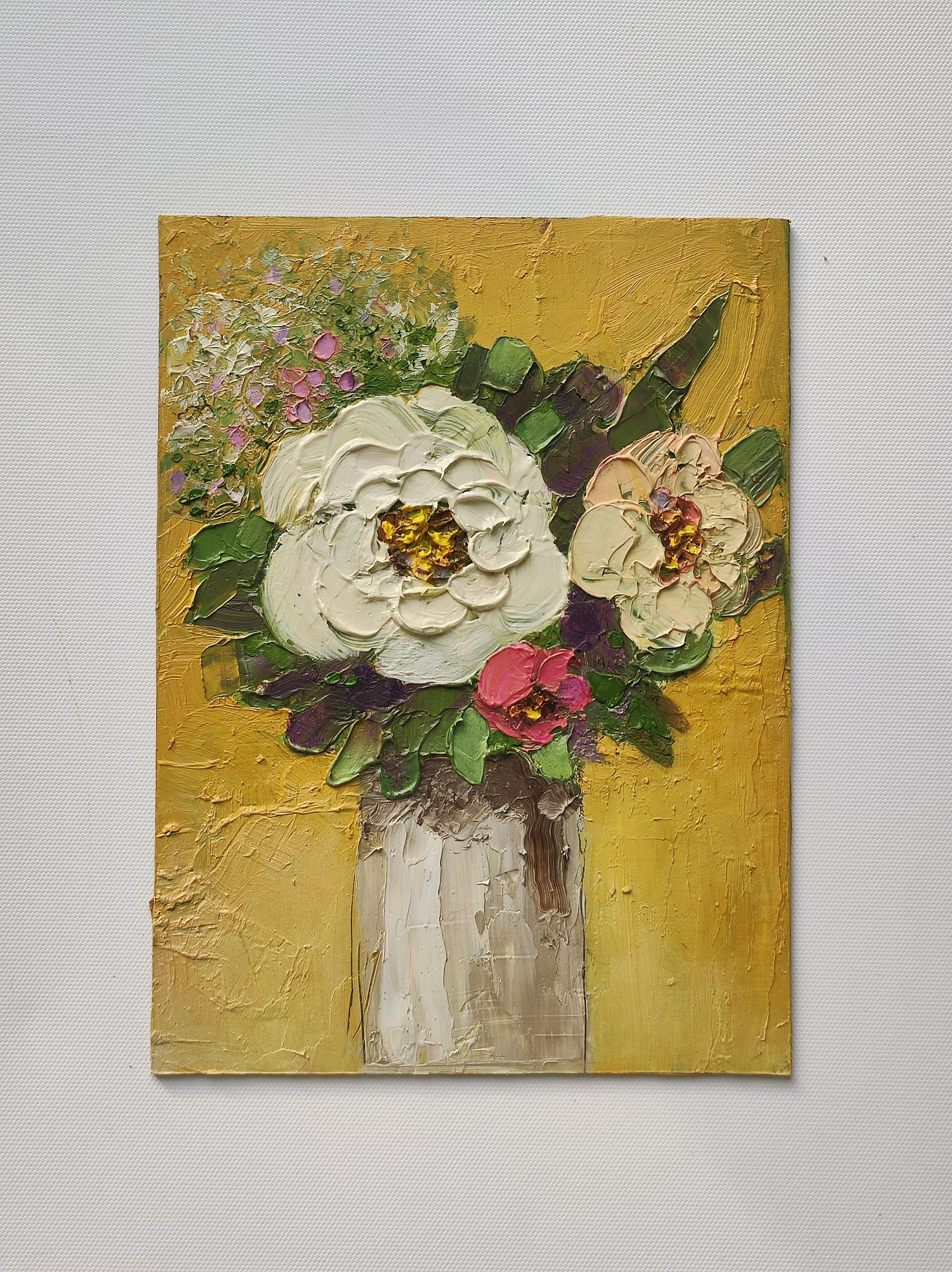 Текстурная жёлтая картина с цветами, современная живопись мастихином.