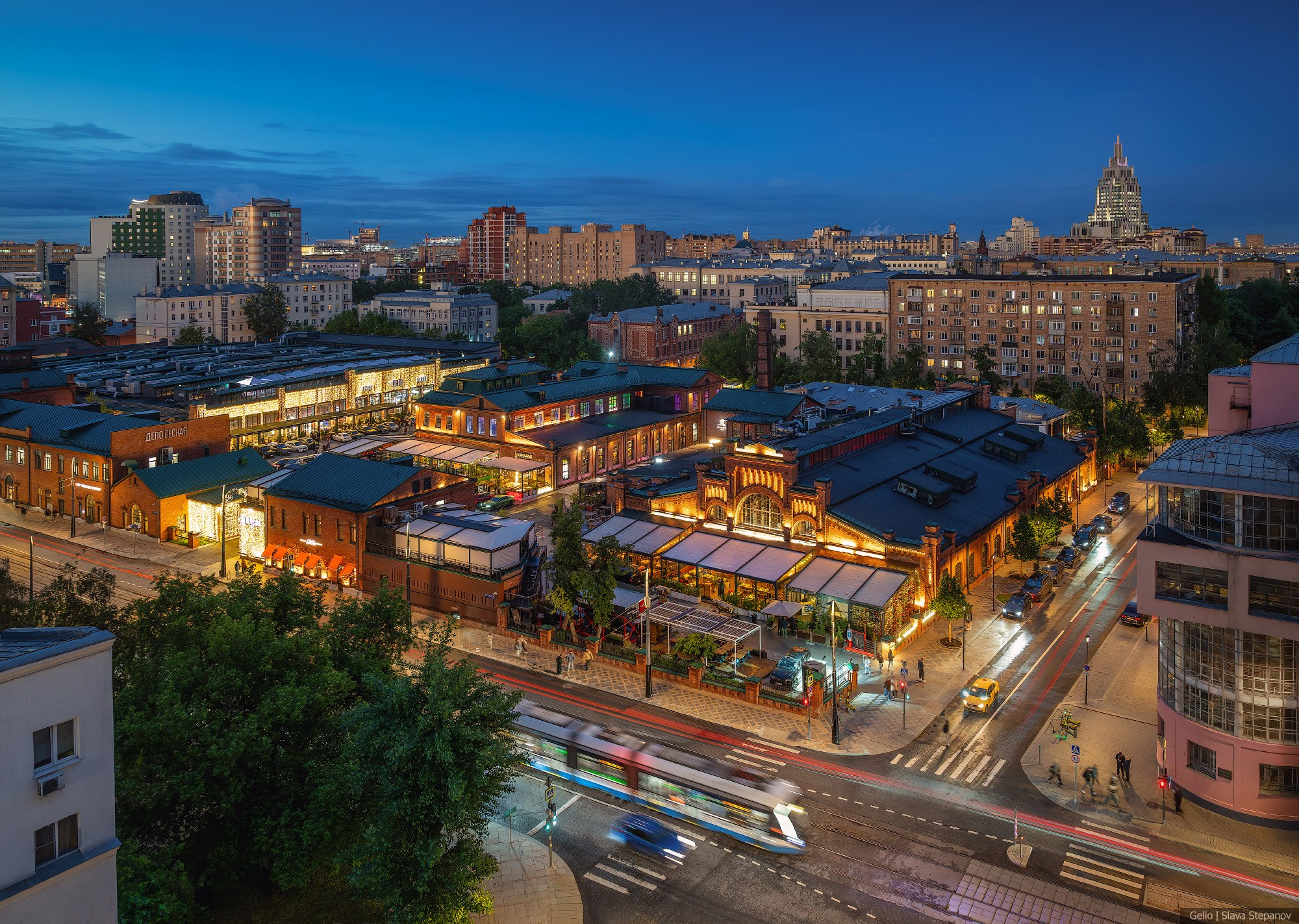 Evening view of the Depo food mall in historical brick buildings, Gelio.