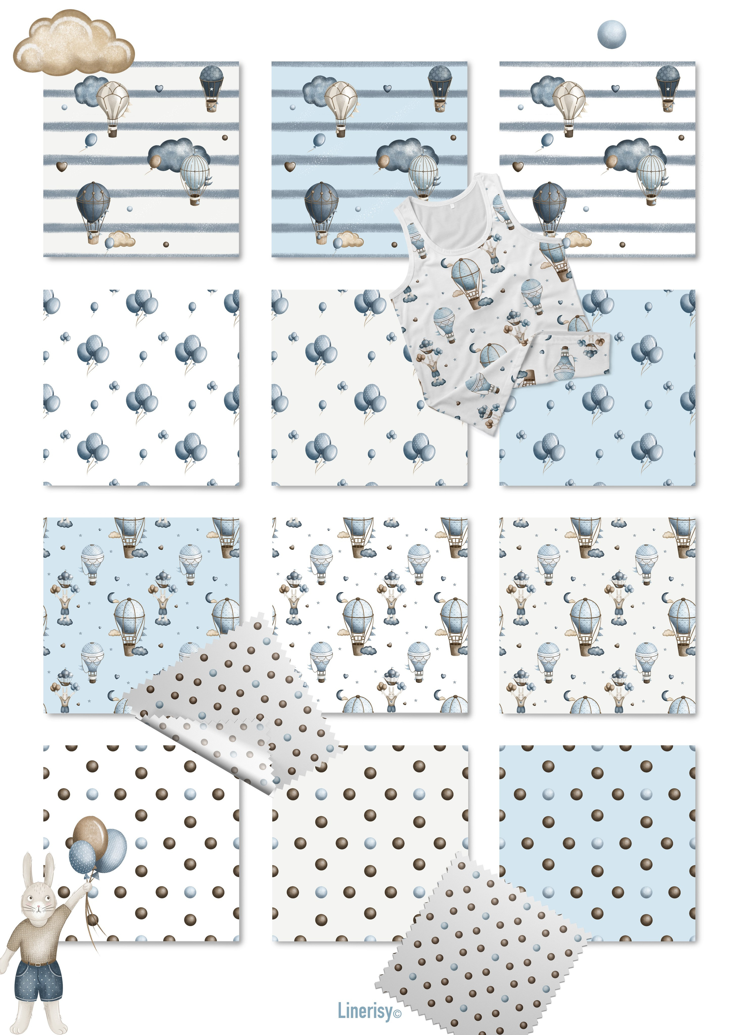 Коллекция «Зайка на воздушном шаре» — графические иллюстрации, композиции и бесшовные паттерны. Художник-иллюстратор Евгения Бекренёва