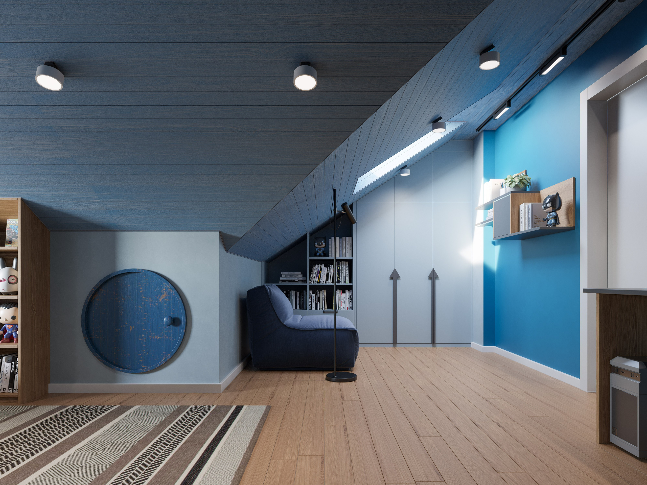 Визуализация детской комнаты в синих цветах, с атмосферным освещением