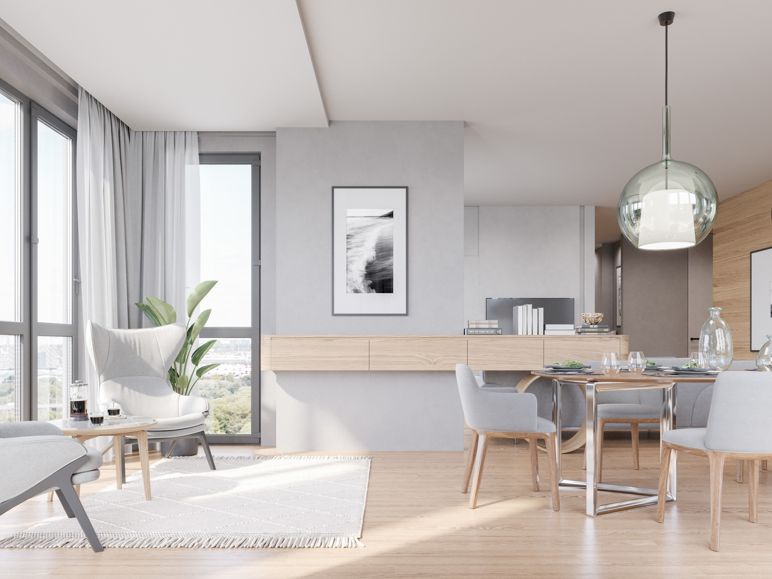 Панорама современного интерьера с высокими потолками и светлыми стенами