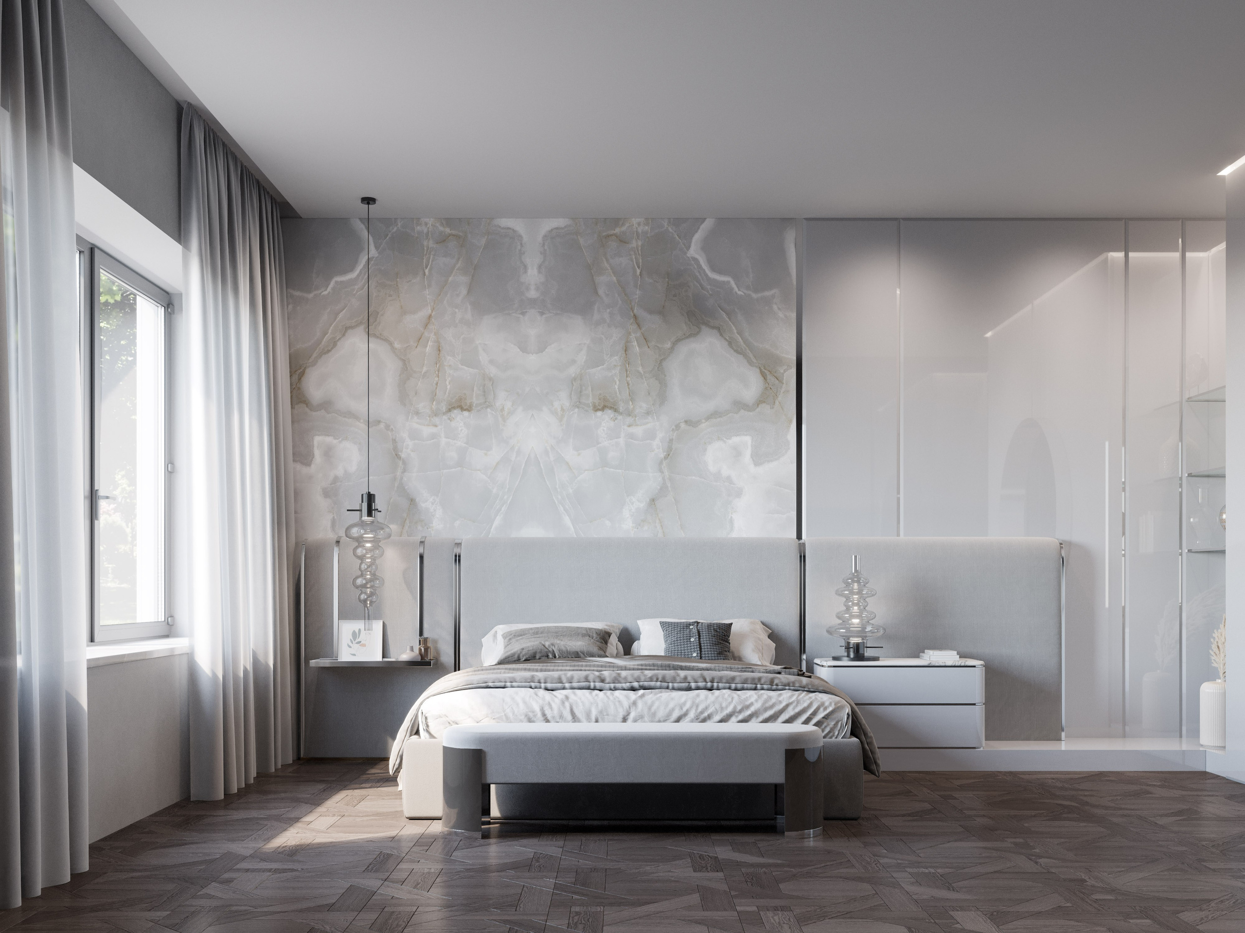 3D визуализация спальни в современном стиле: кровать с мягким изголовьем на фоне стены из оникса