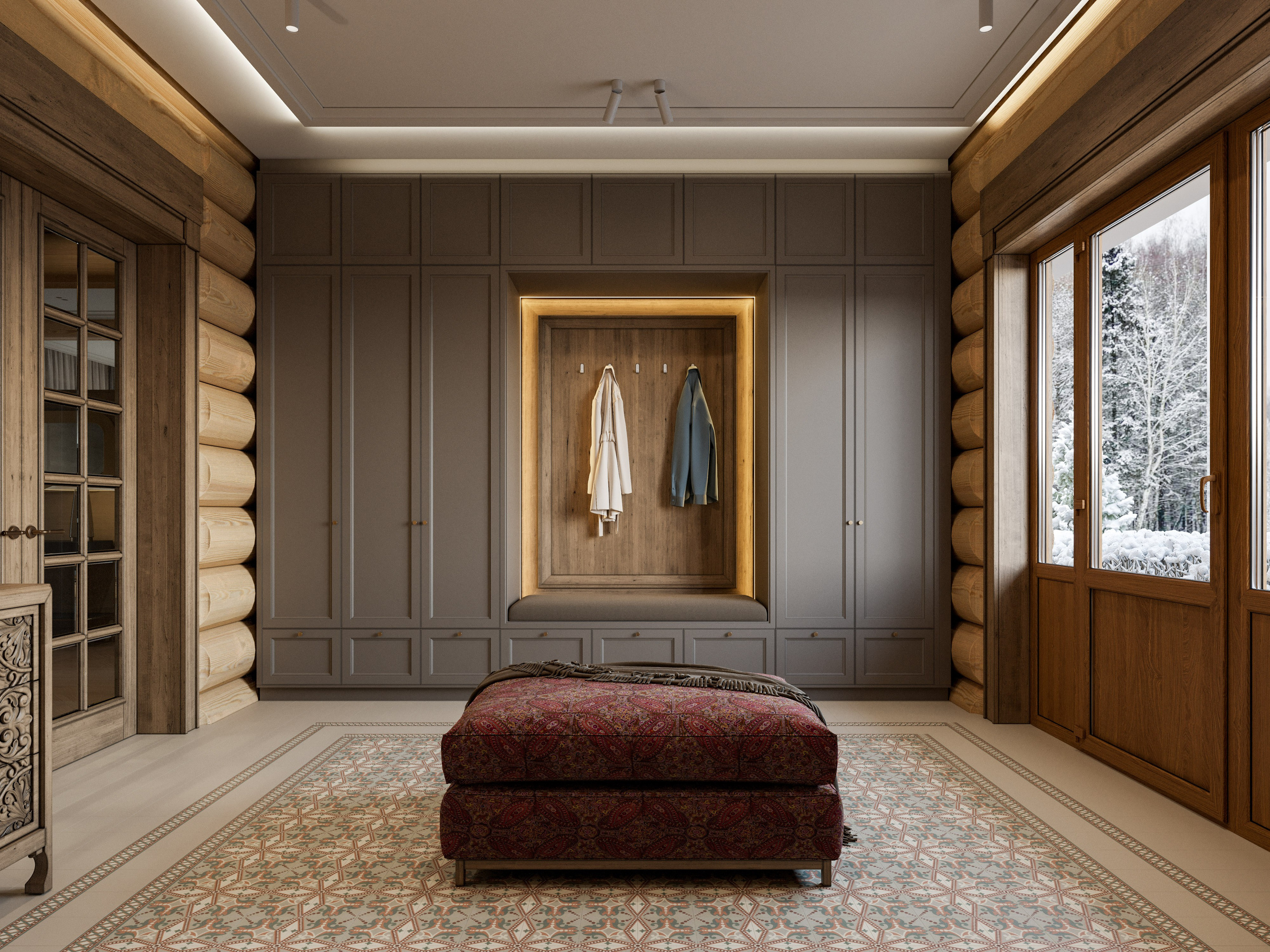 Входная зона в бревенчатом доме с встроенными шкафами и скамьей