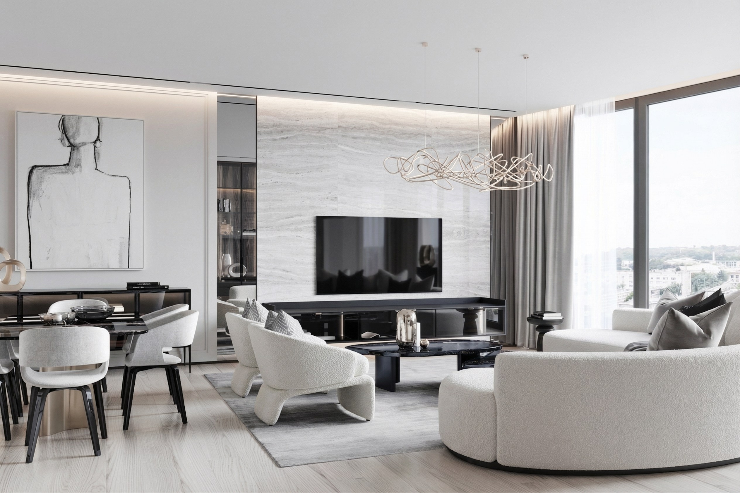 Интерьер объединенной кухни-гостиной в квартире 113 м² от Валерии Котович: столовая группа с черным столом, зона отдыха с белыми креслами букле, ТВ-зона с отделкой под камень и панорамное окно.