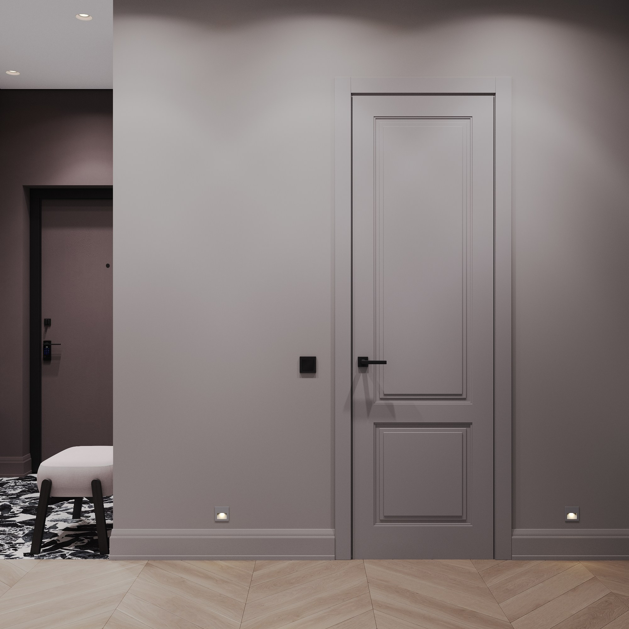 дизайн интерьера прихожей с акцентным керамогранитом на полу, черно белая плитка, сложный цвет стен марсала