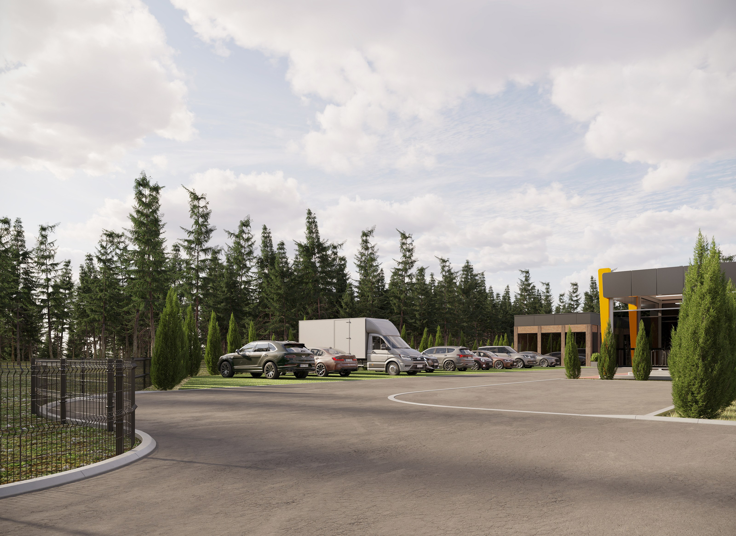 Автомойка, СТО и кафе — комплексная 3D-визуализация с благоустройством. 3Д Визуализация Интерьера и Архитектуры