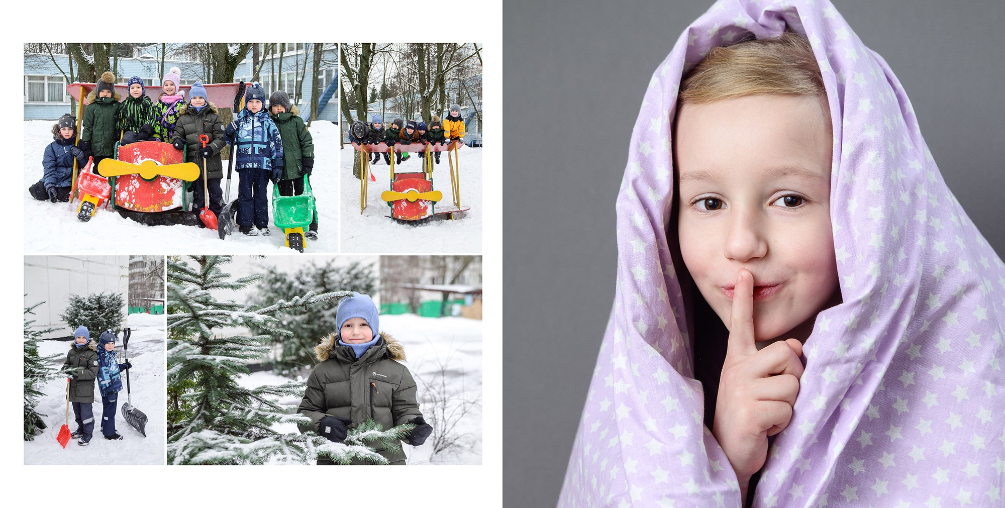 Страница фотокниги с зимней прогулкой и крупным портретом мальчика, завернутого в одеяло. 