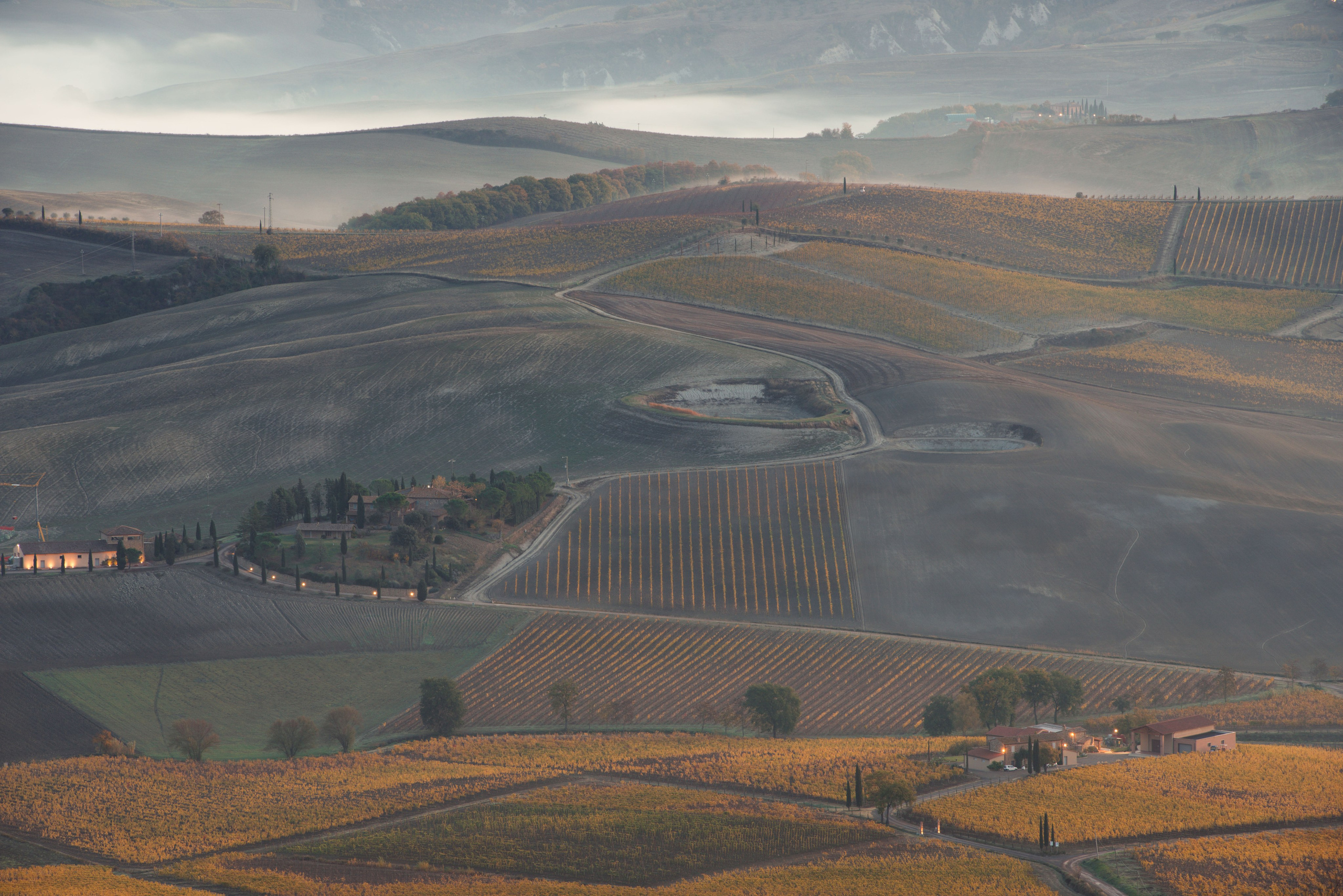 Живописный пейзаж Тосканы: волнистые зеленые холмы и поля в Валь д'Орча, изрезанные глубокими тенями от облаков, с оливковыми деревьями и кипарисами на переднем плане.