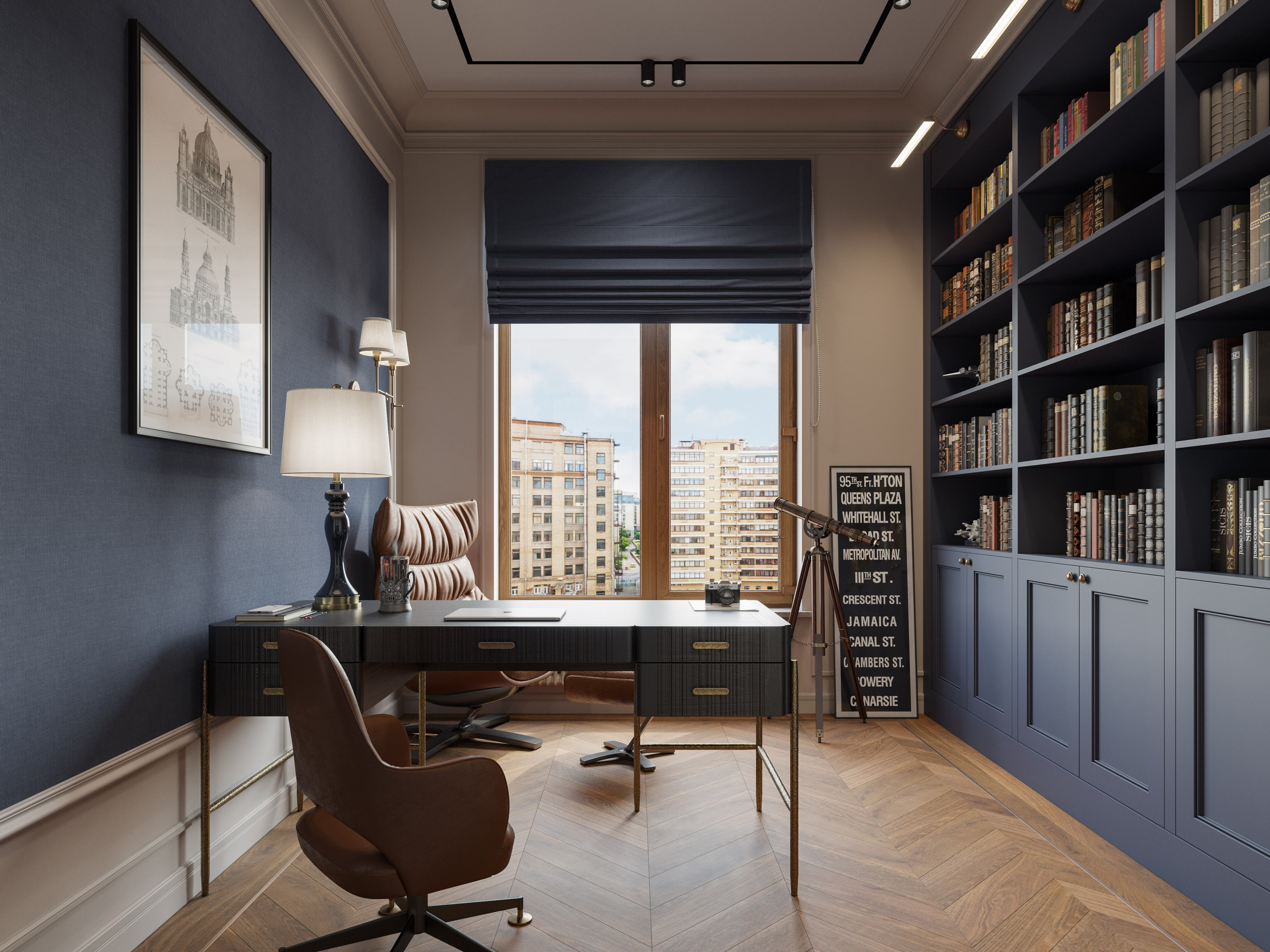 Домашний офис в петербургской квартире с классическими книжными шкафами