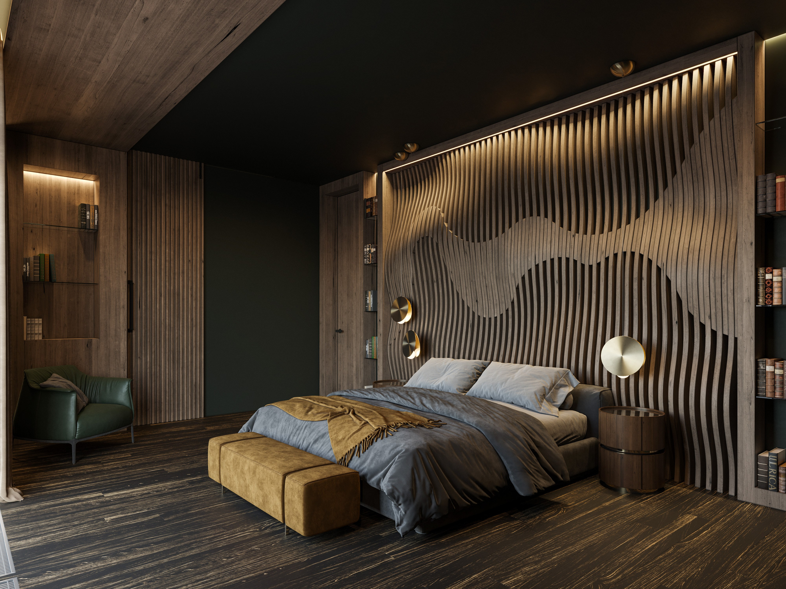 Темная спальня с деревянными панелями на стенах и минималистичным текстилем
