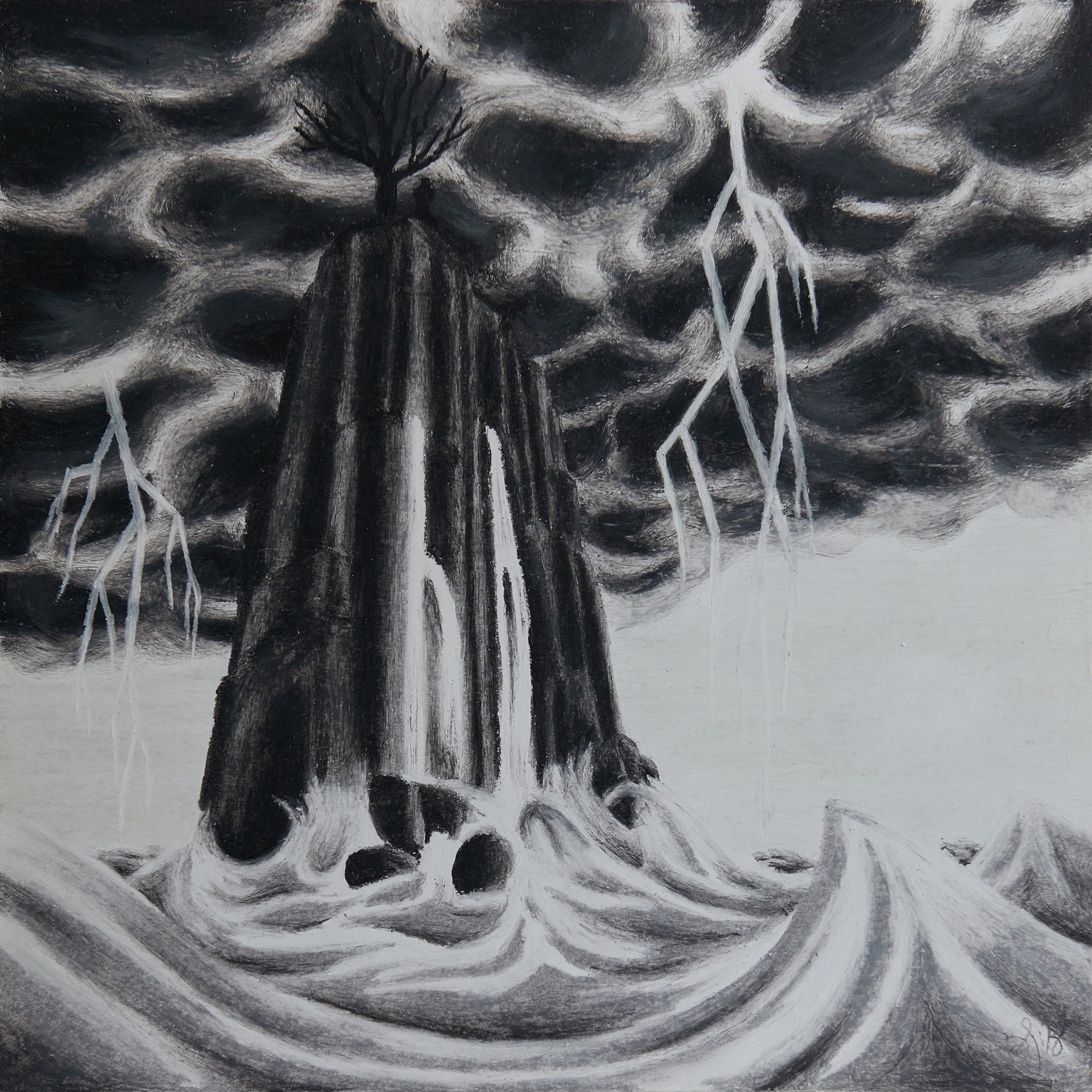 Стойкость. Я стою на высокой скале твёрдой воли под негнущимся деревом отрешённости от окружающего (происходящего).Я стою над океаном общества, бурлящего и перекатывающегося волнами сцен среды обитания и людских страстей. В плотных клубящихся низкоастральных небесах бушует игровой сценарий конфликта эгрегориальных хозяев, обрушивающих в океан молнии волеизъявлений, постоянно вспучивая воды мирского бытия – мой дух непоколебим. Это их выбор – игры небес, и участие в них океана (драматургов сценариев небес и игрового повиновения участия океана). Год создания: 2005 г.