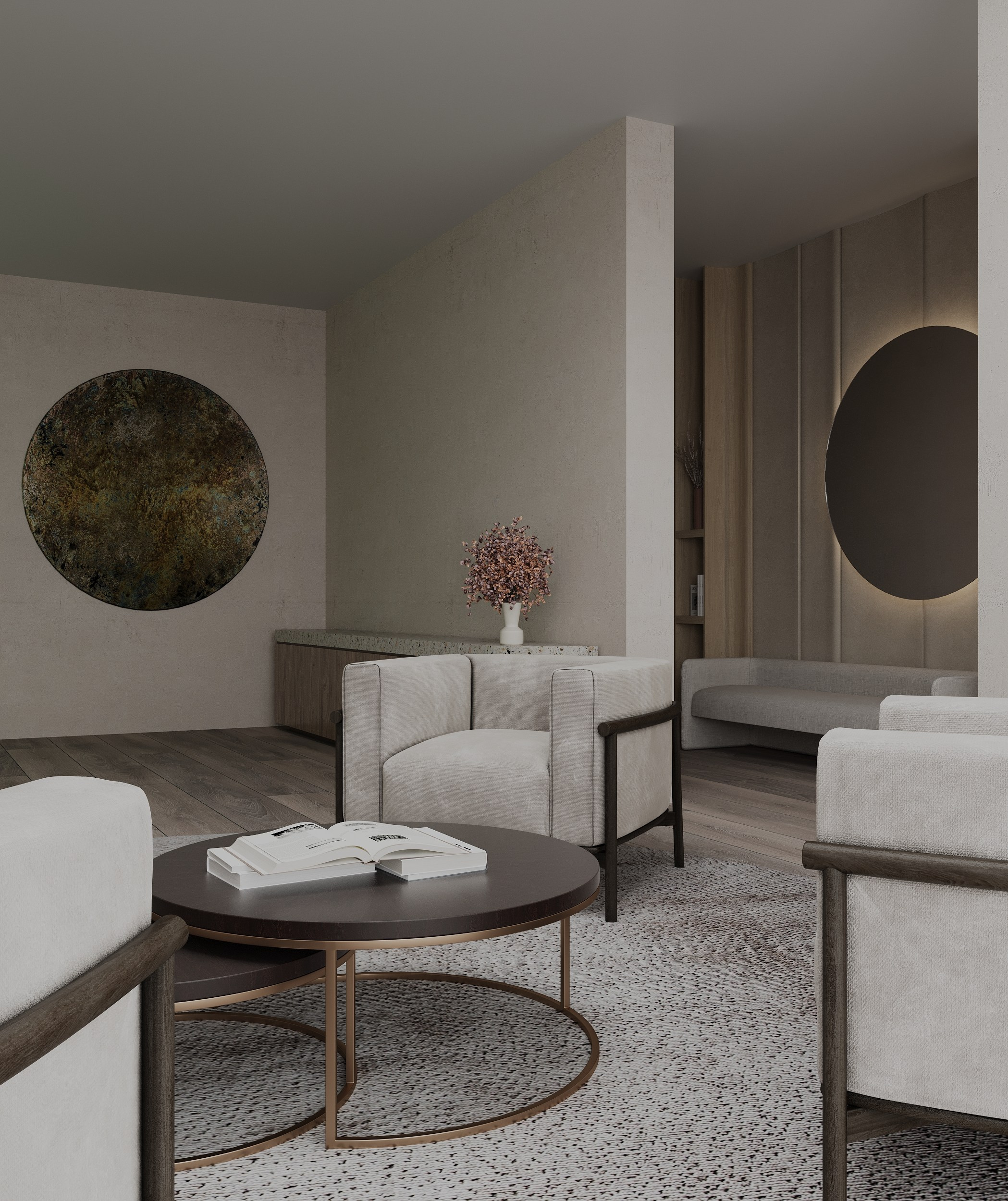 Round living room. 3D Визуализация интерьеров жилых и коммерческих помещений