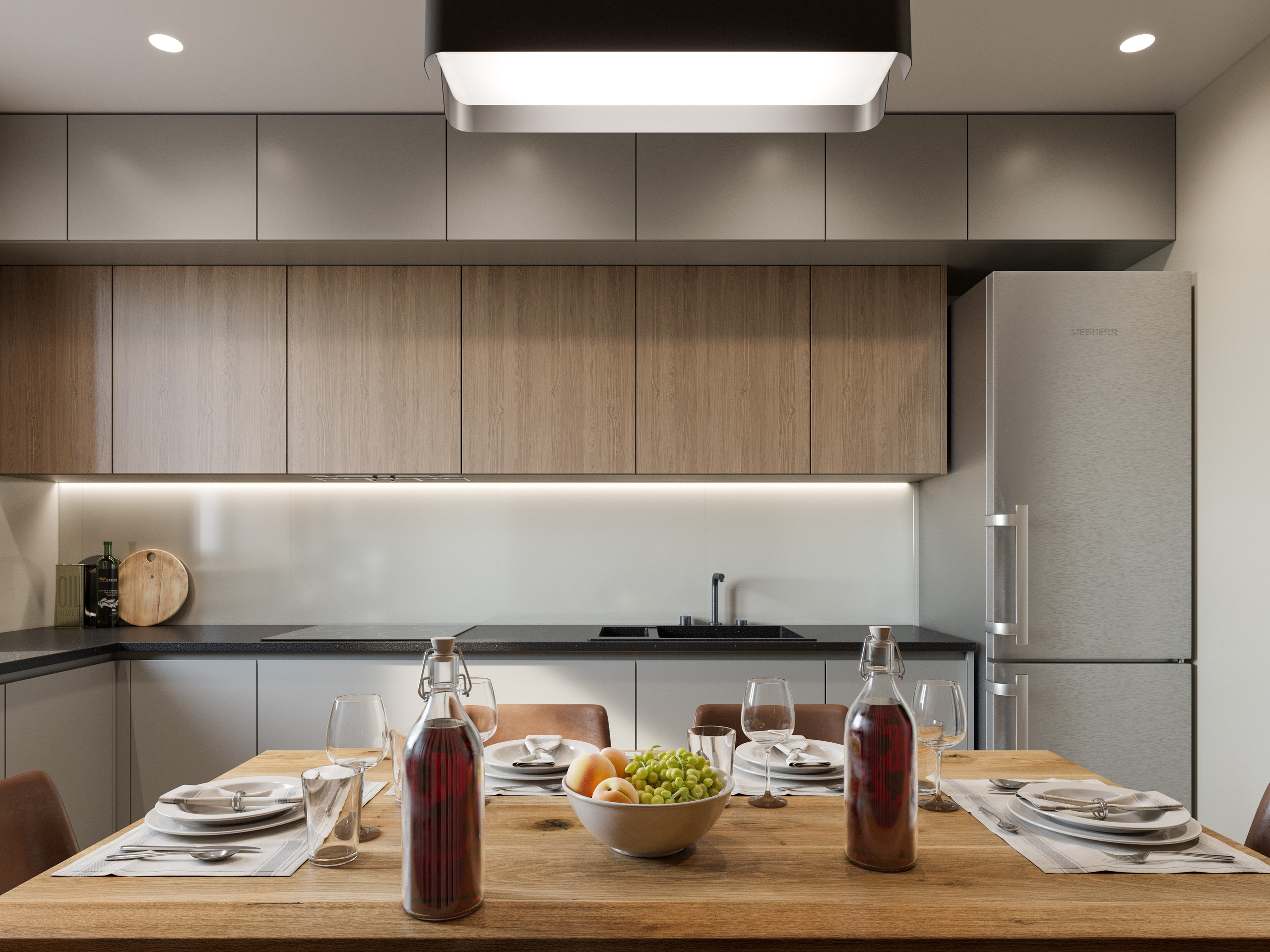 Дизайн кухни в актуальном стиле с текстурированными материалами — реалистичная визуализация