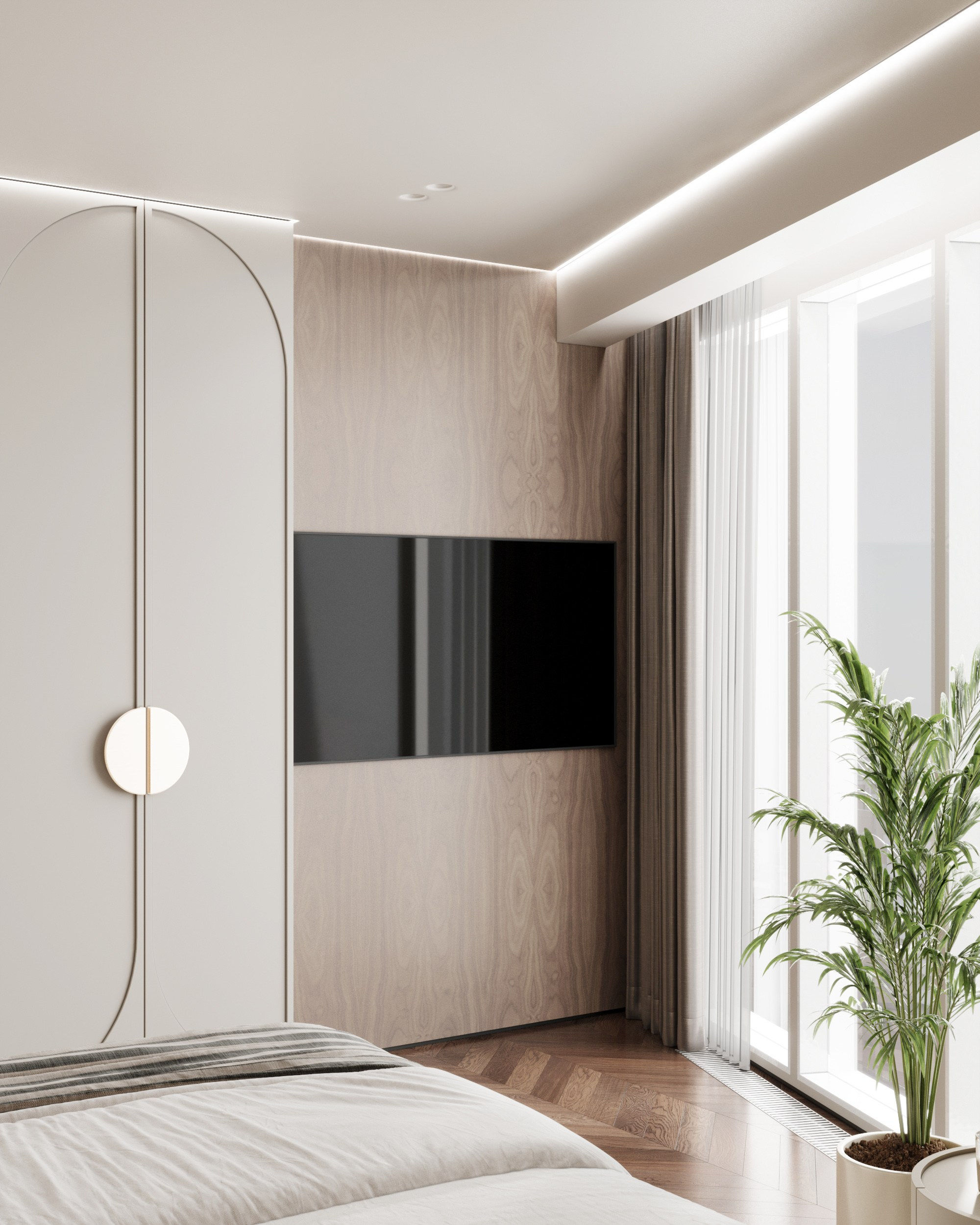 Визуализация спальни с панорамным остеклением, крупным телевизором на деревянной панели, белыми шкафами